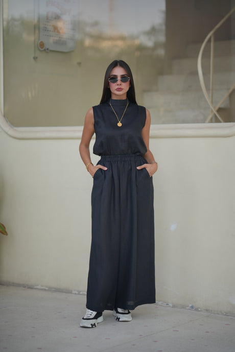 Black Linen Blouse & Pants Set-1977