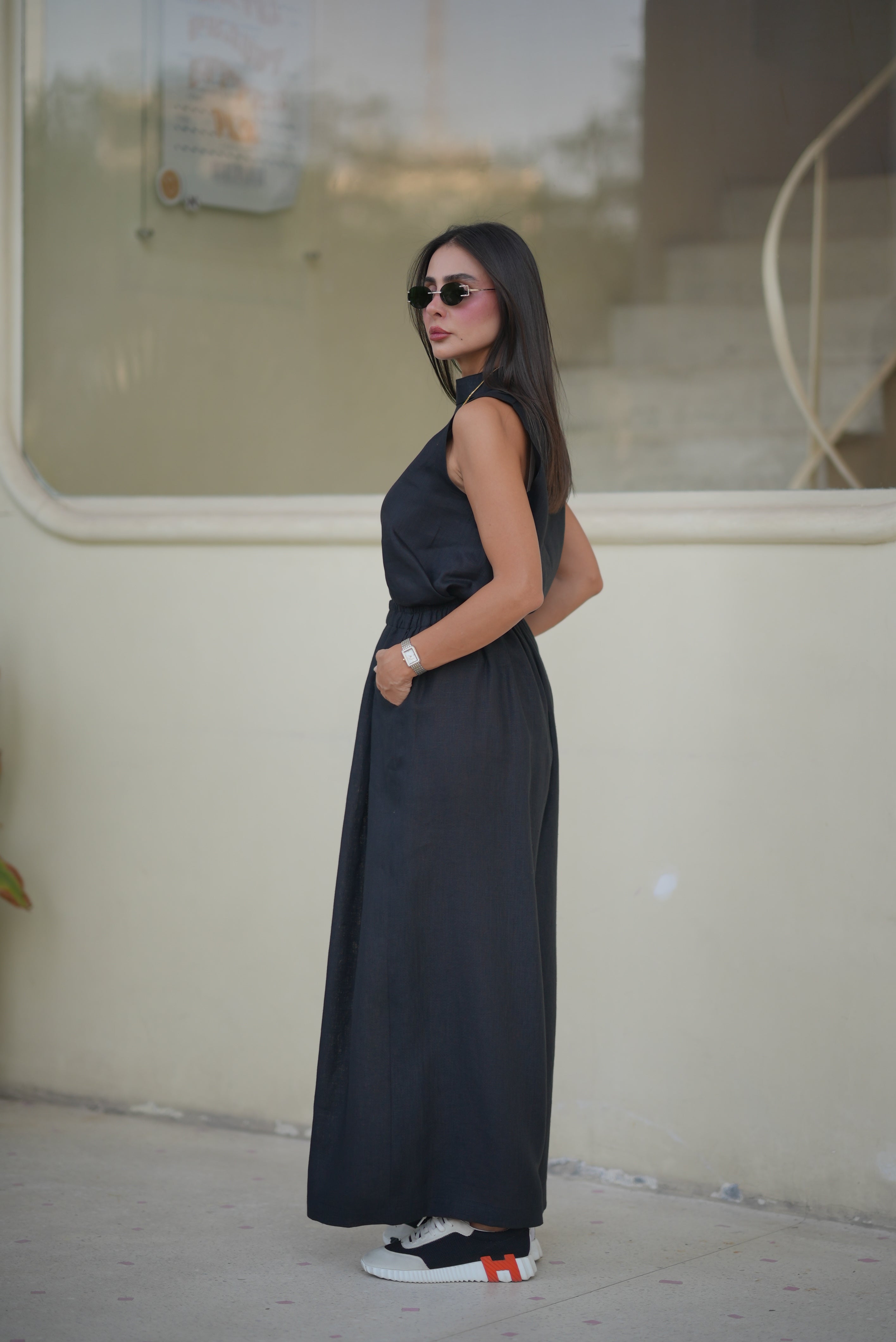 Black Linen Blouse & Pants Set-1977