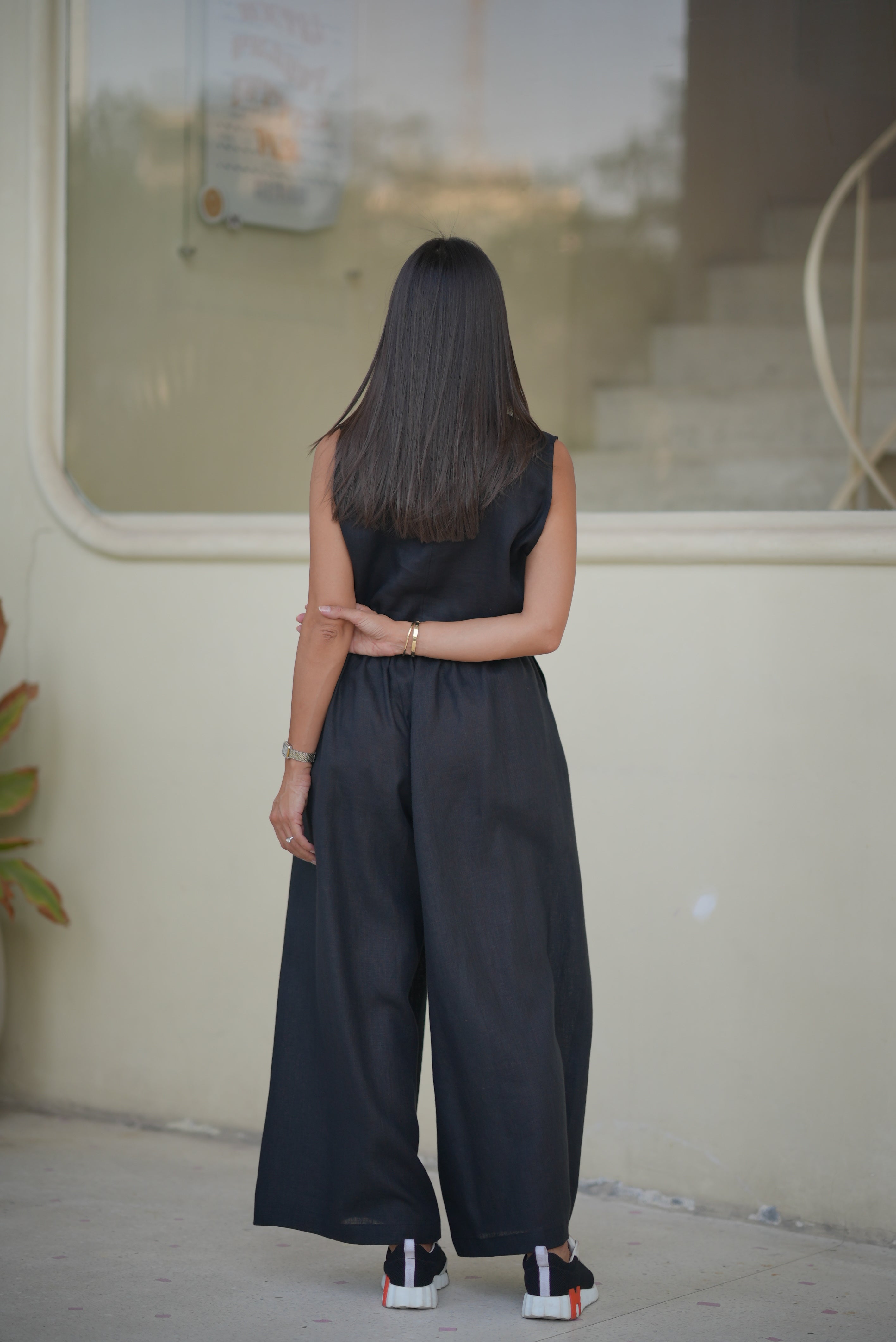 Black Linen Blouse & Pants Set-1977