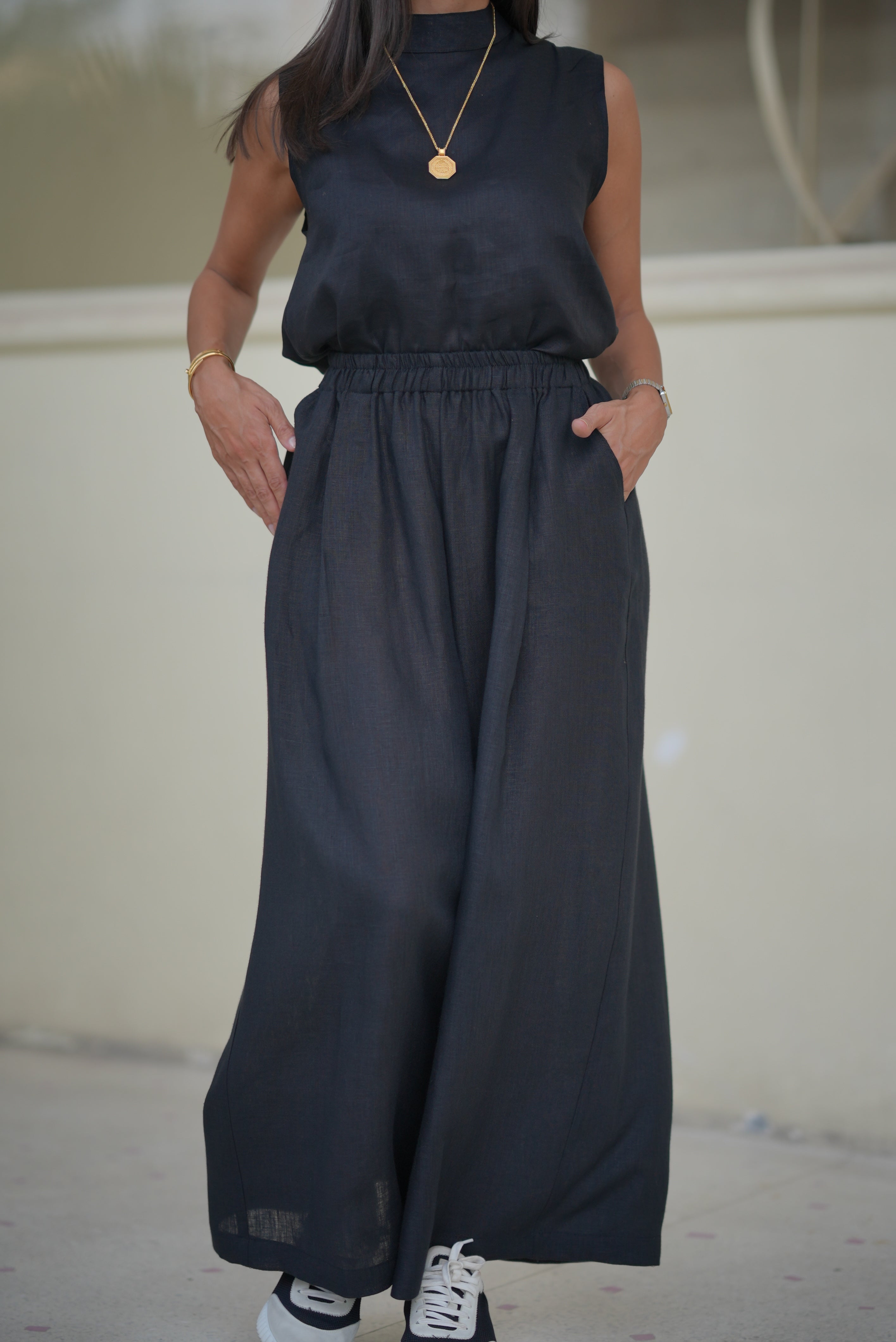 Black Linen Blouse & Pants Set-1977