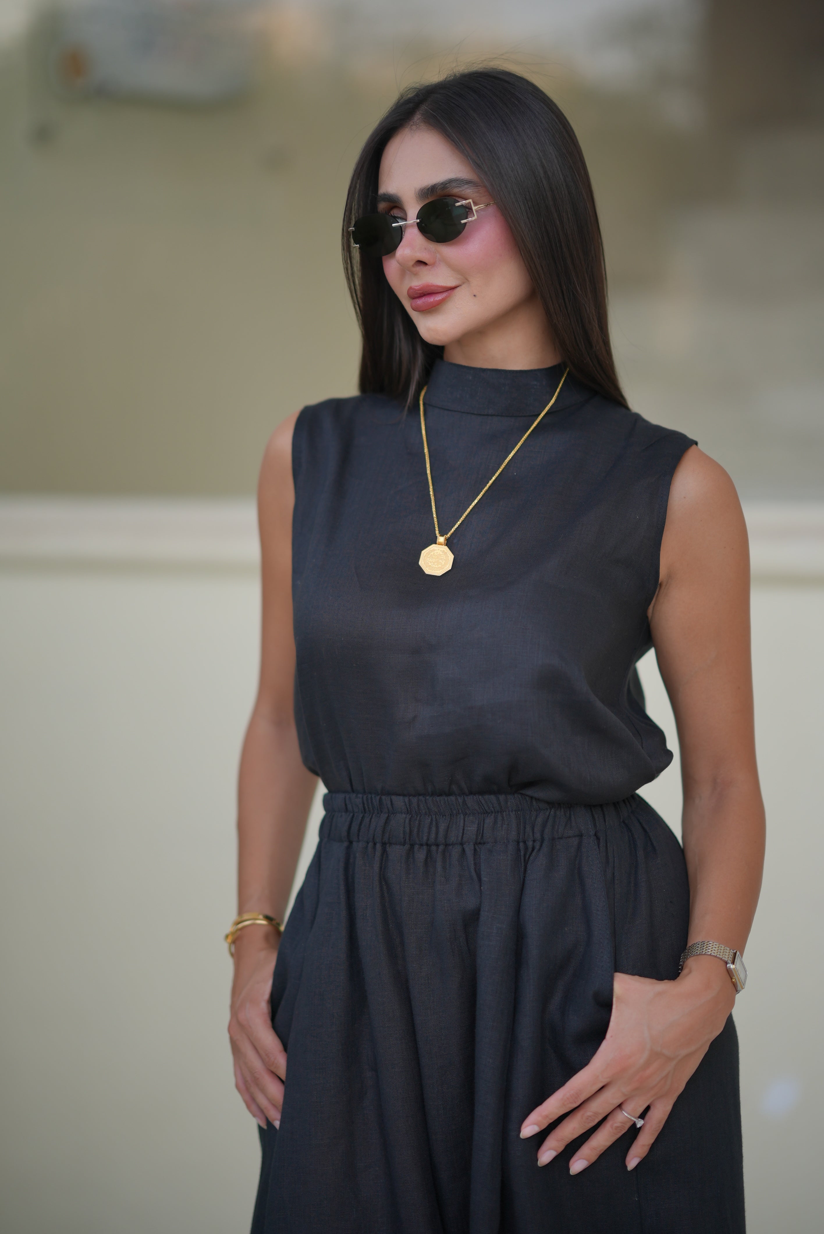 Black Linen Blouse & Pants Set-1977