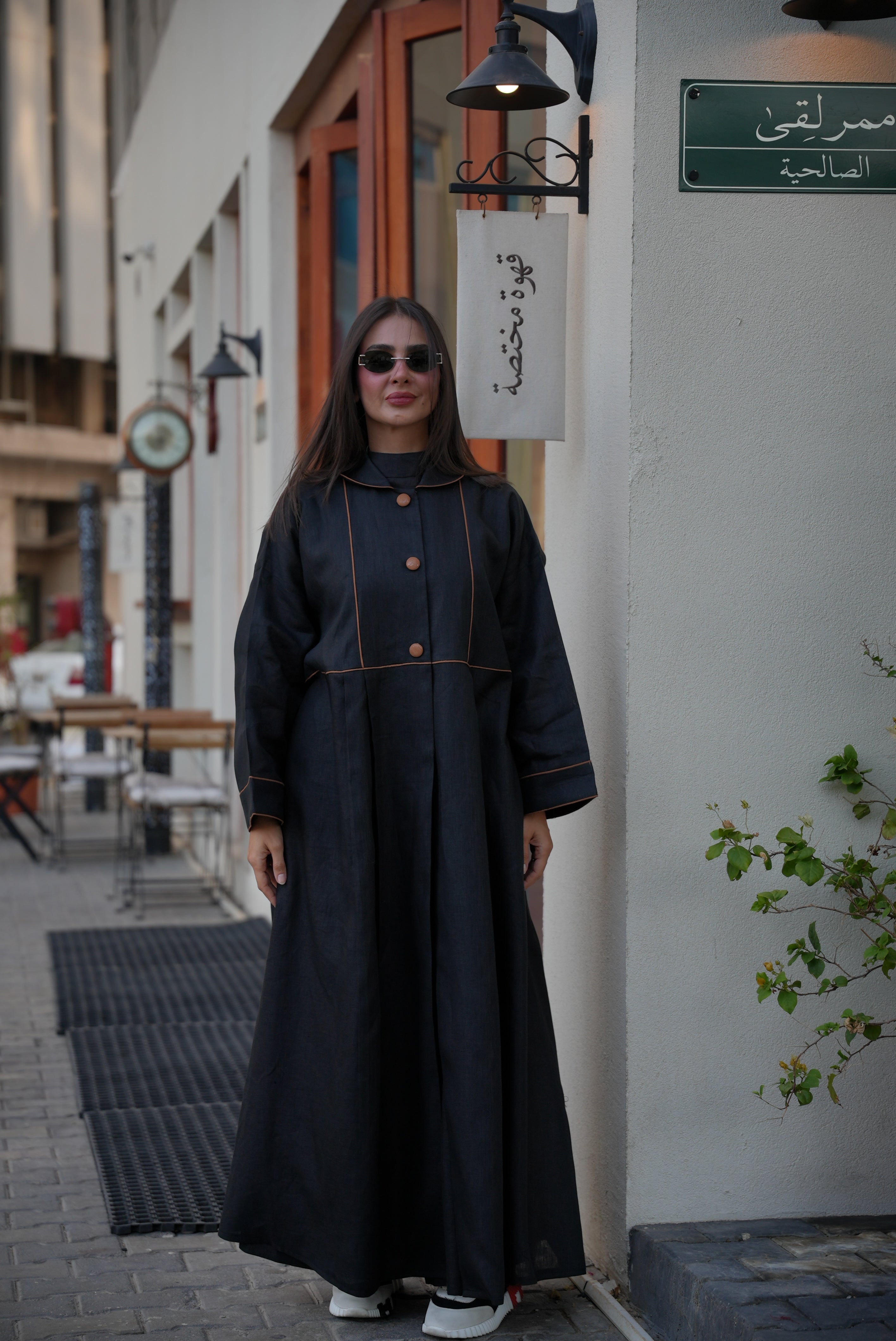 Linen Abaya with Camel Trim – Free Size