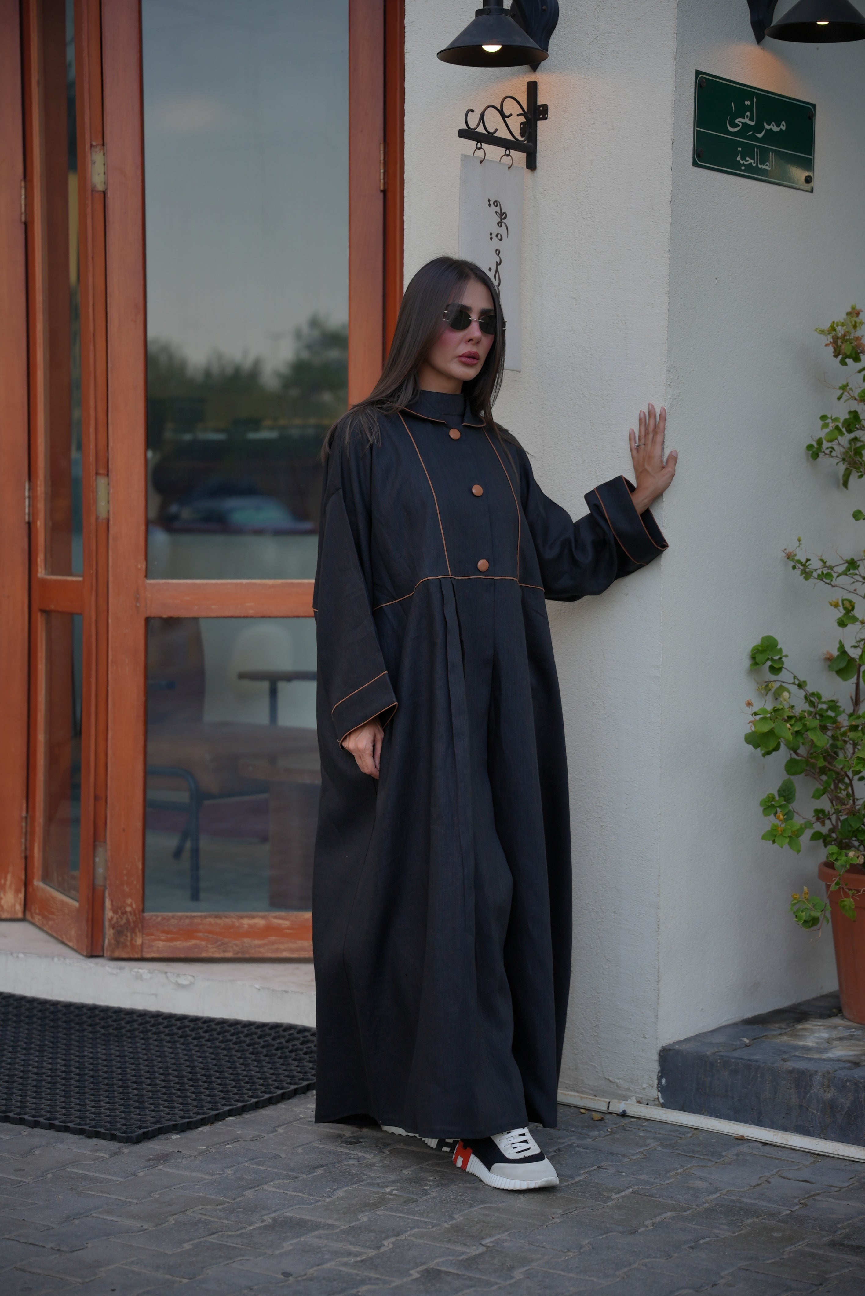 Linen Abaya with Camel Trim – Free Size