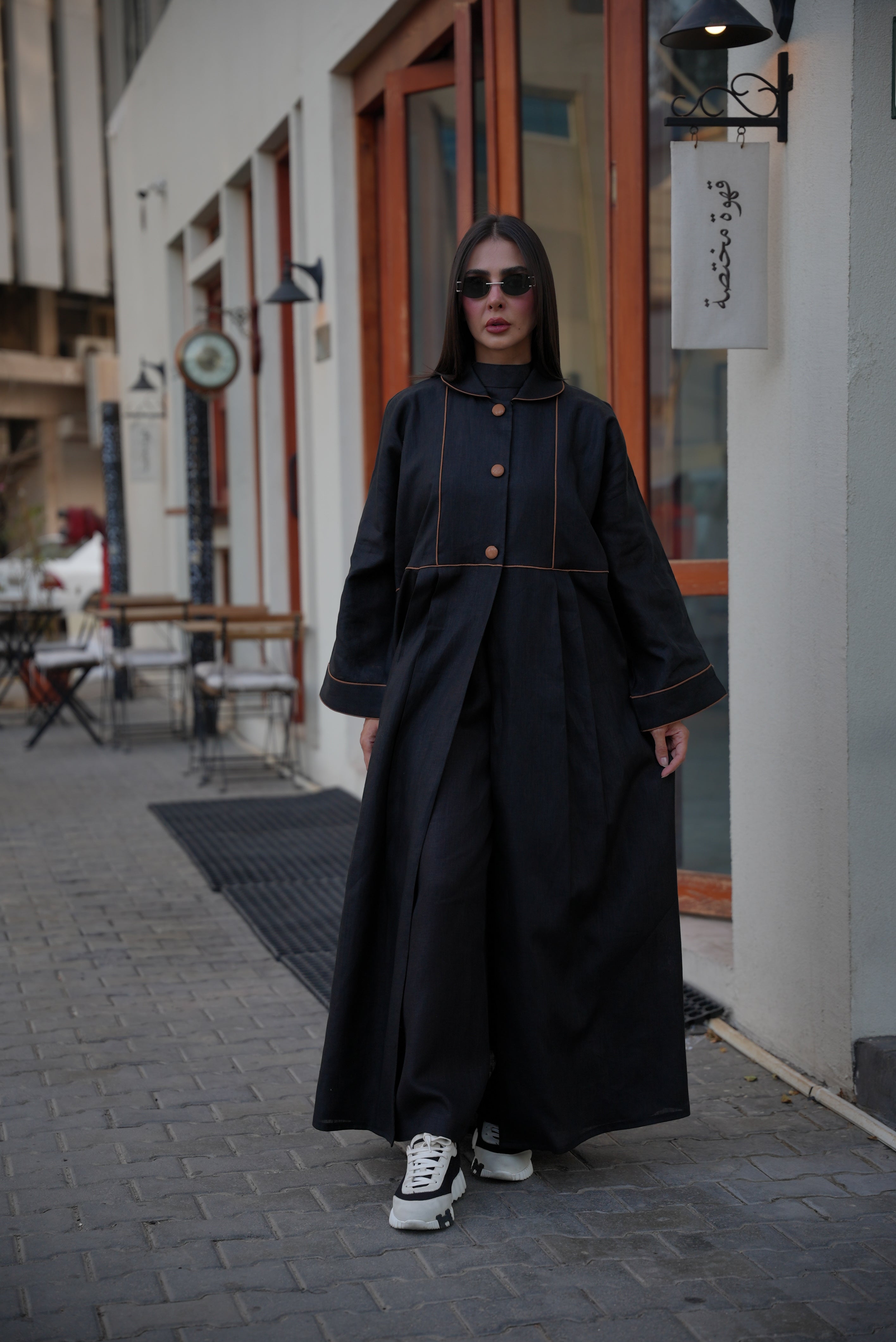 Linen Abaya with Camel Trim – Free Size