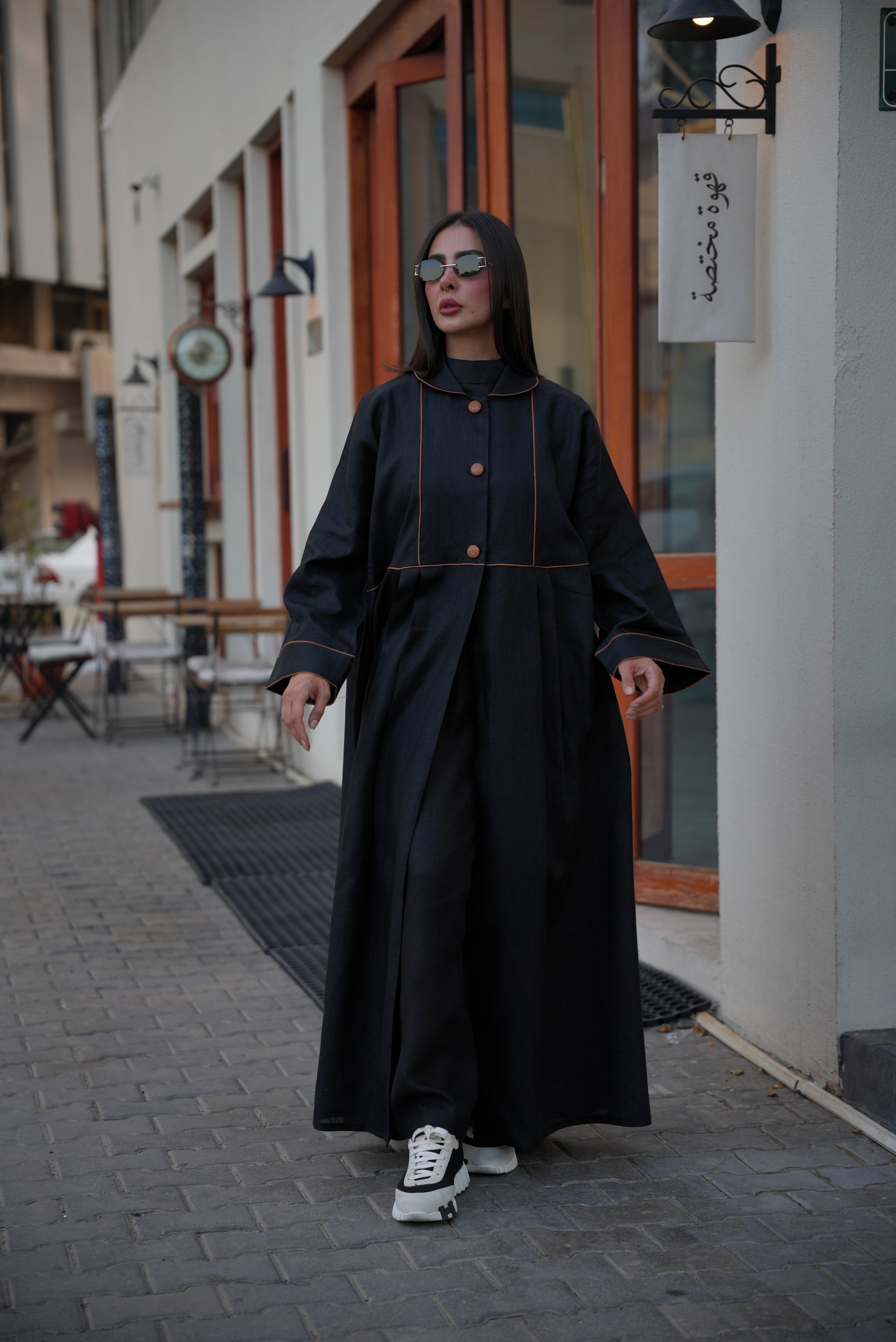 Linen Abaya with Camel Trim – Free Size