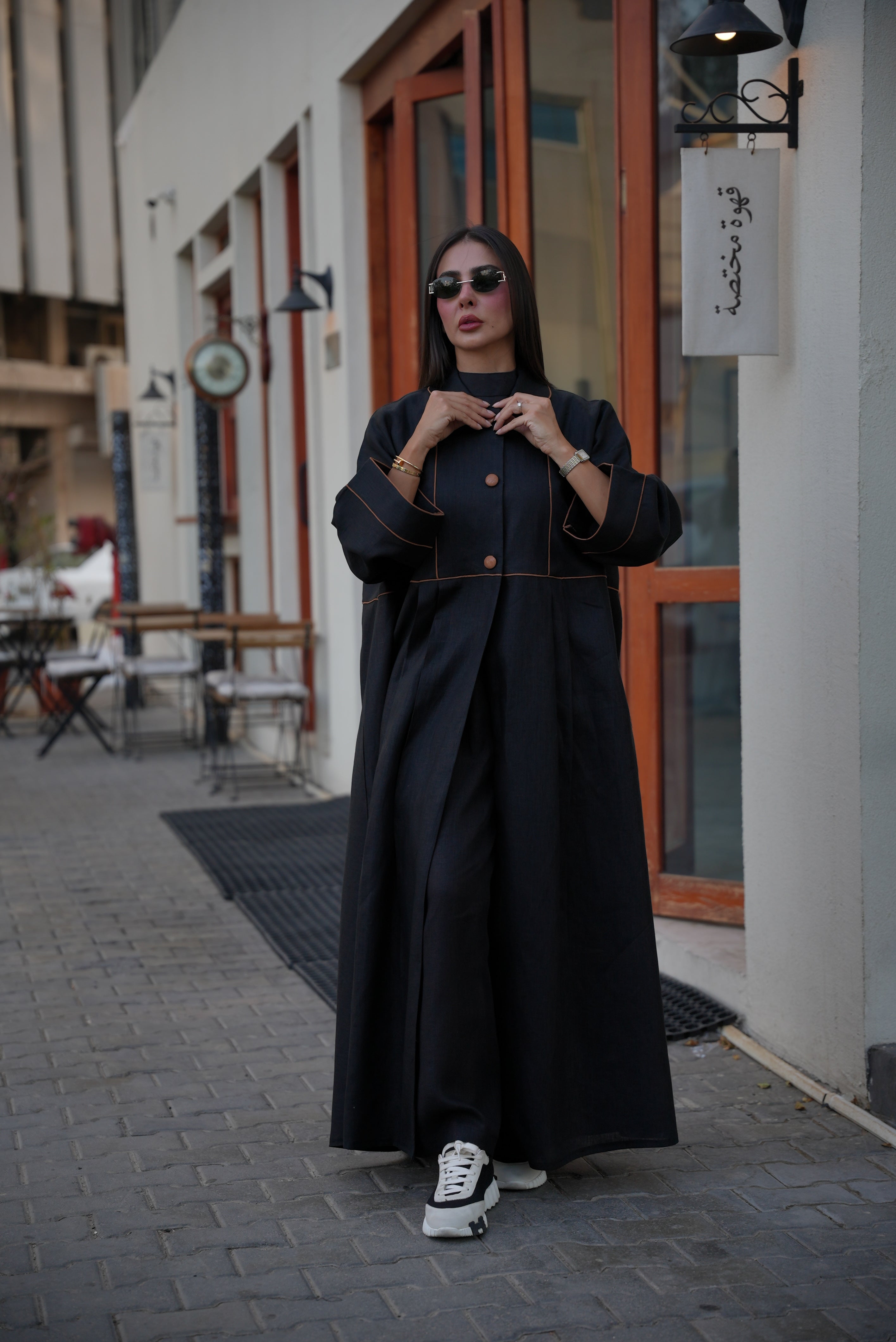 Linen Abaya with Camel Trim – Free Size