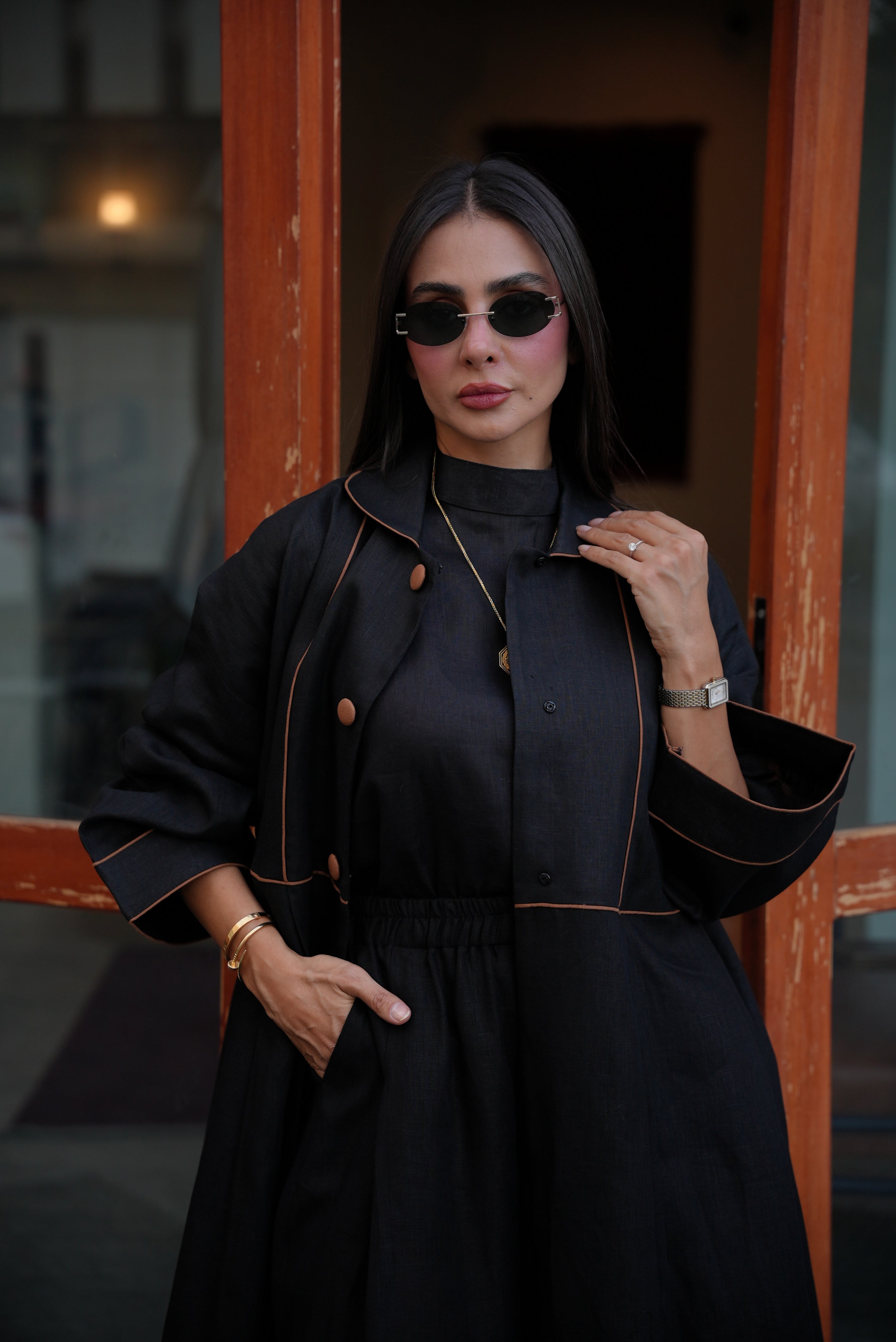 Linen Abaya with Camel Trim – Free Size
