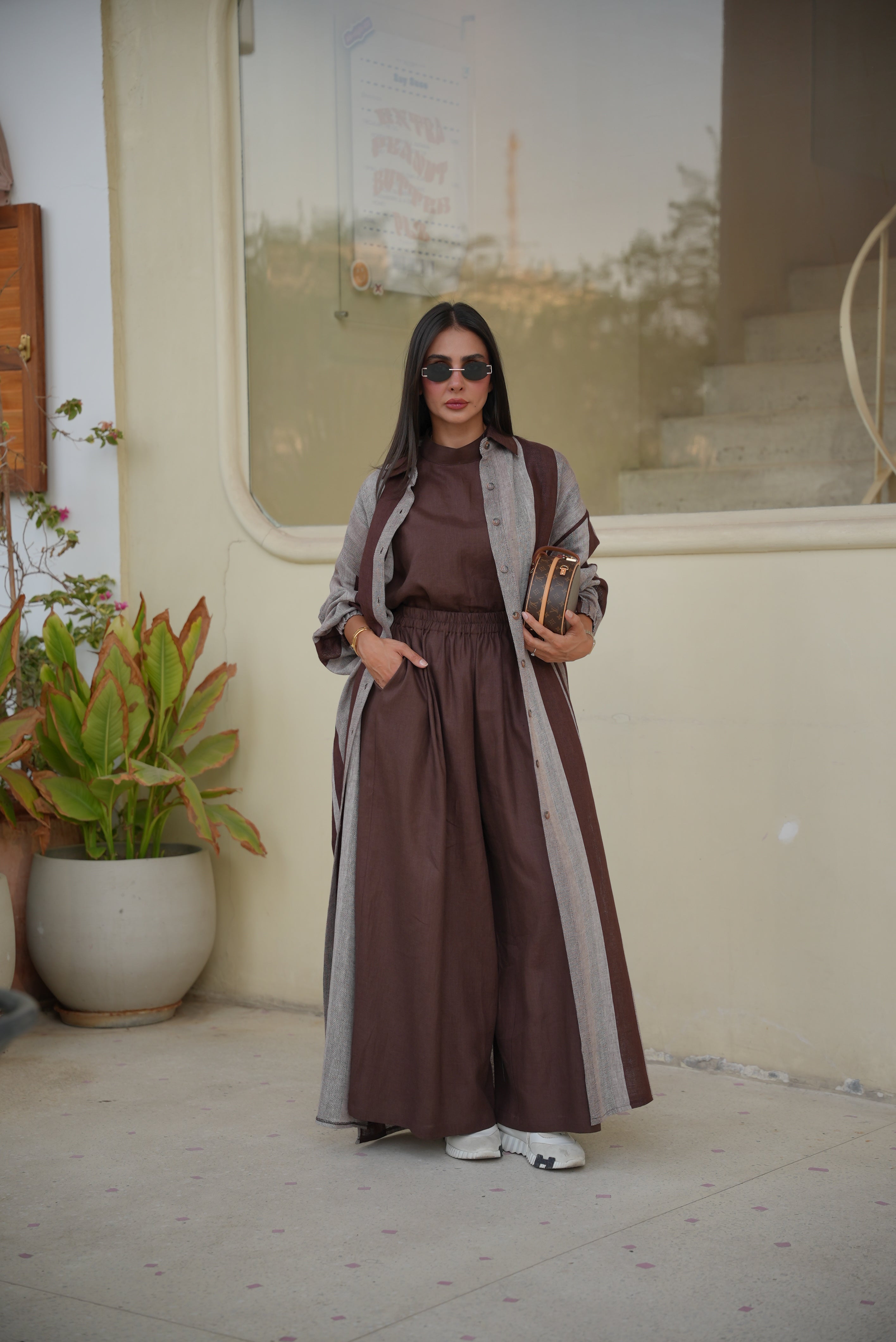 Brown & Beige Striped Linen Abaya – Free Size