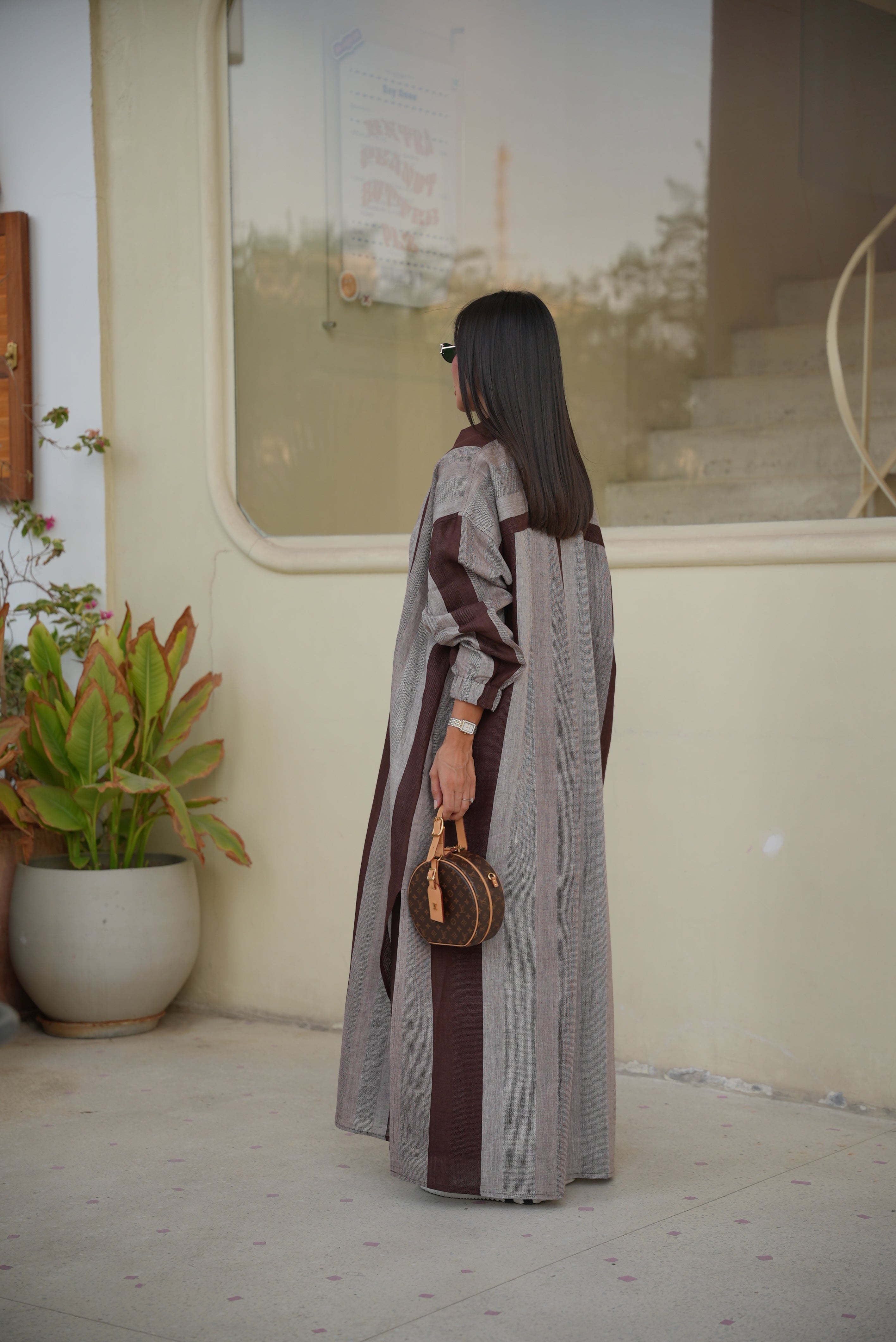 Brown & Beige Striped Linen Abaya – Free Size