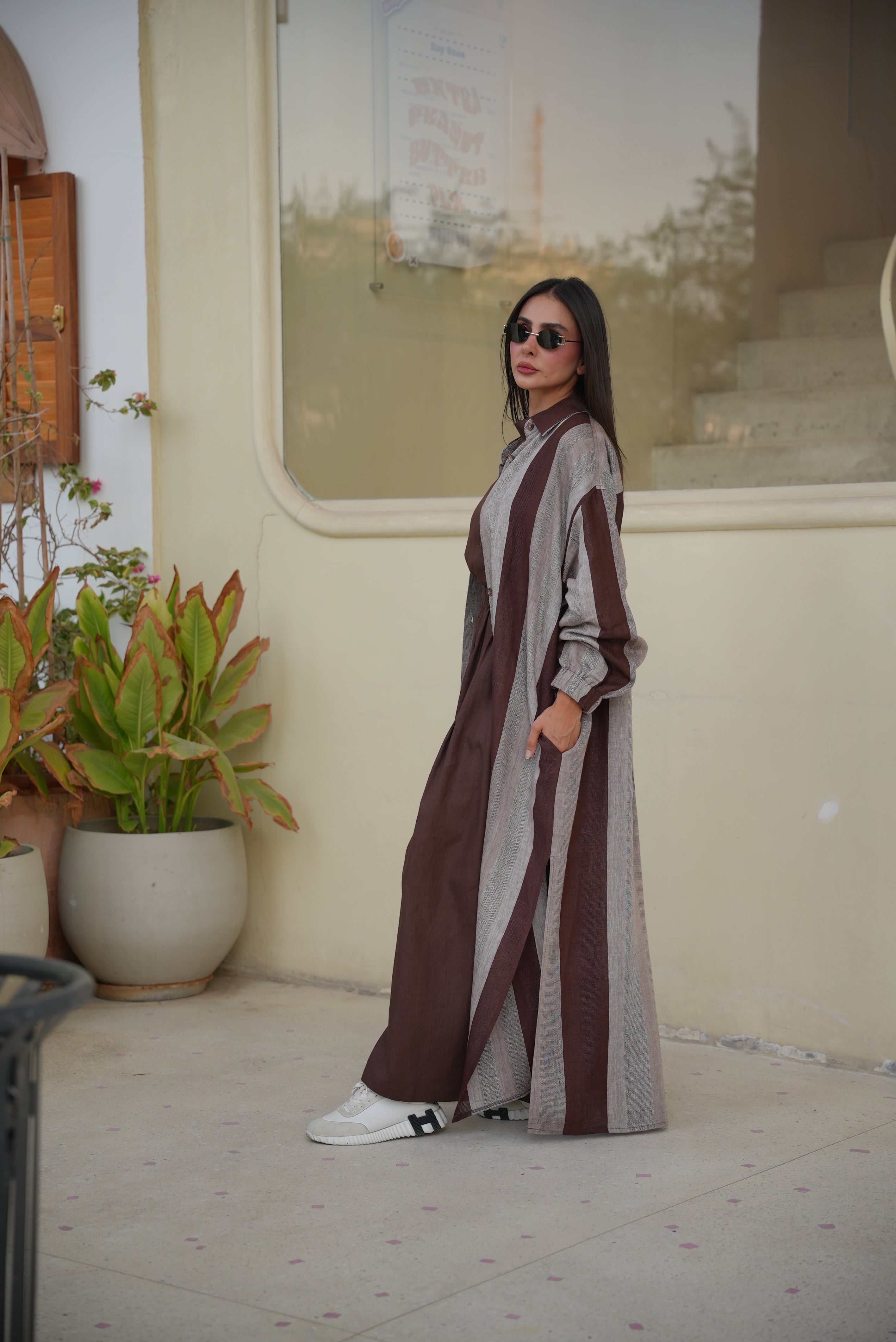 Brown & Beige Striped Linen Abaya – Free Size