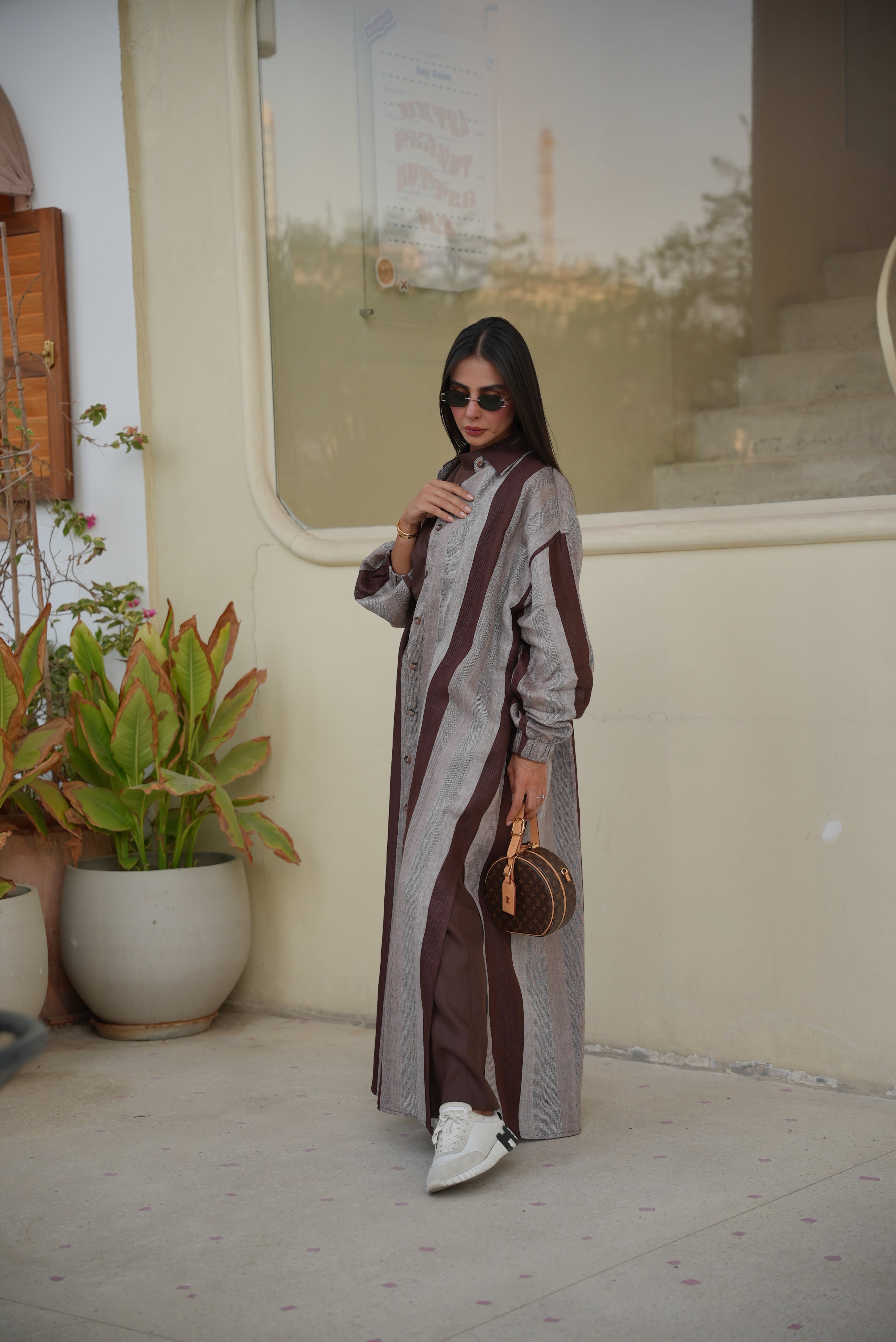 Brown & Beige Striped Linen Abaya – Free Size