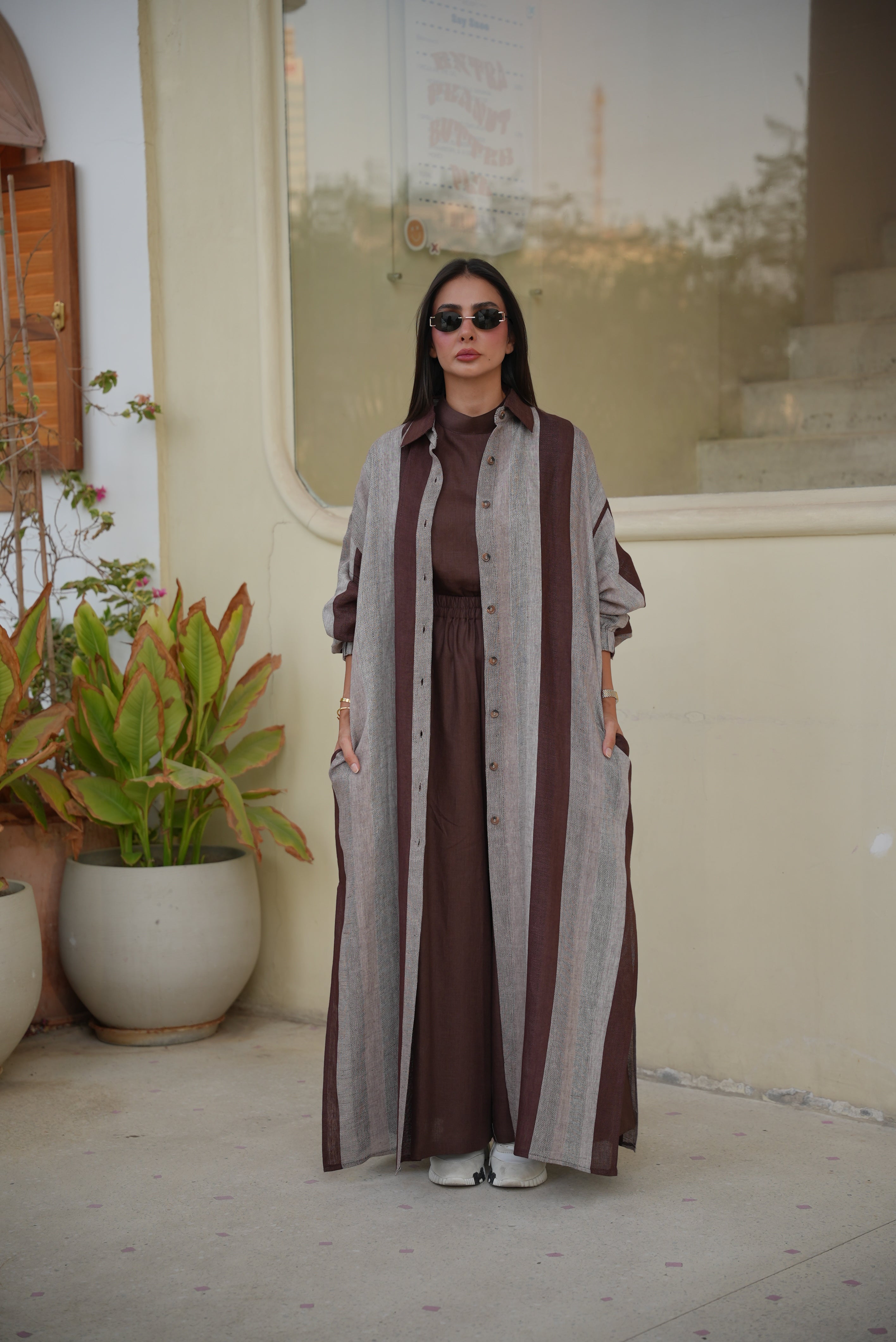 Brown & Beige Striped Linen Abaya – Free Size