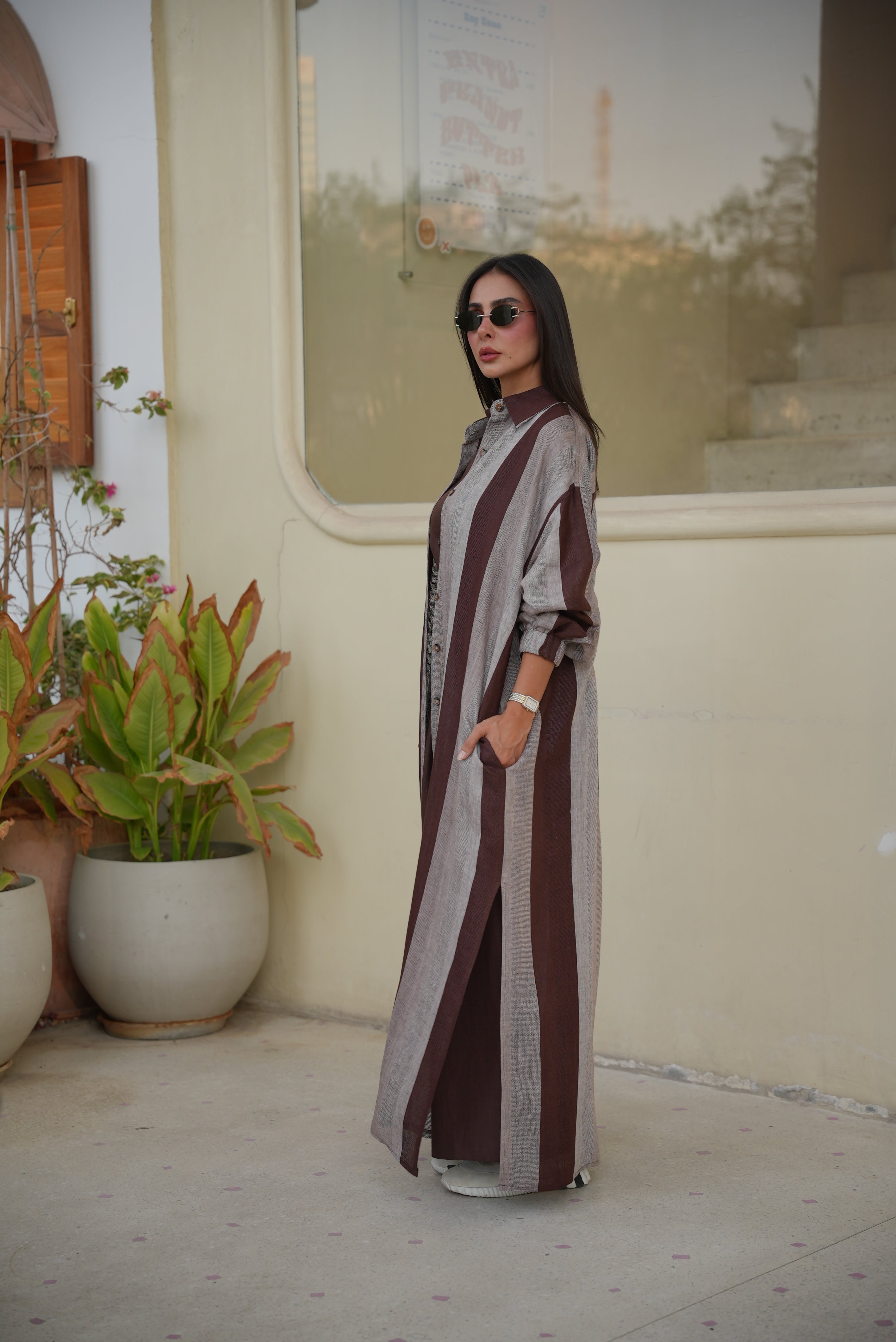 Brown & Beige Striped Linen Abaya – Free Size