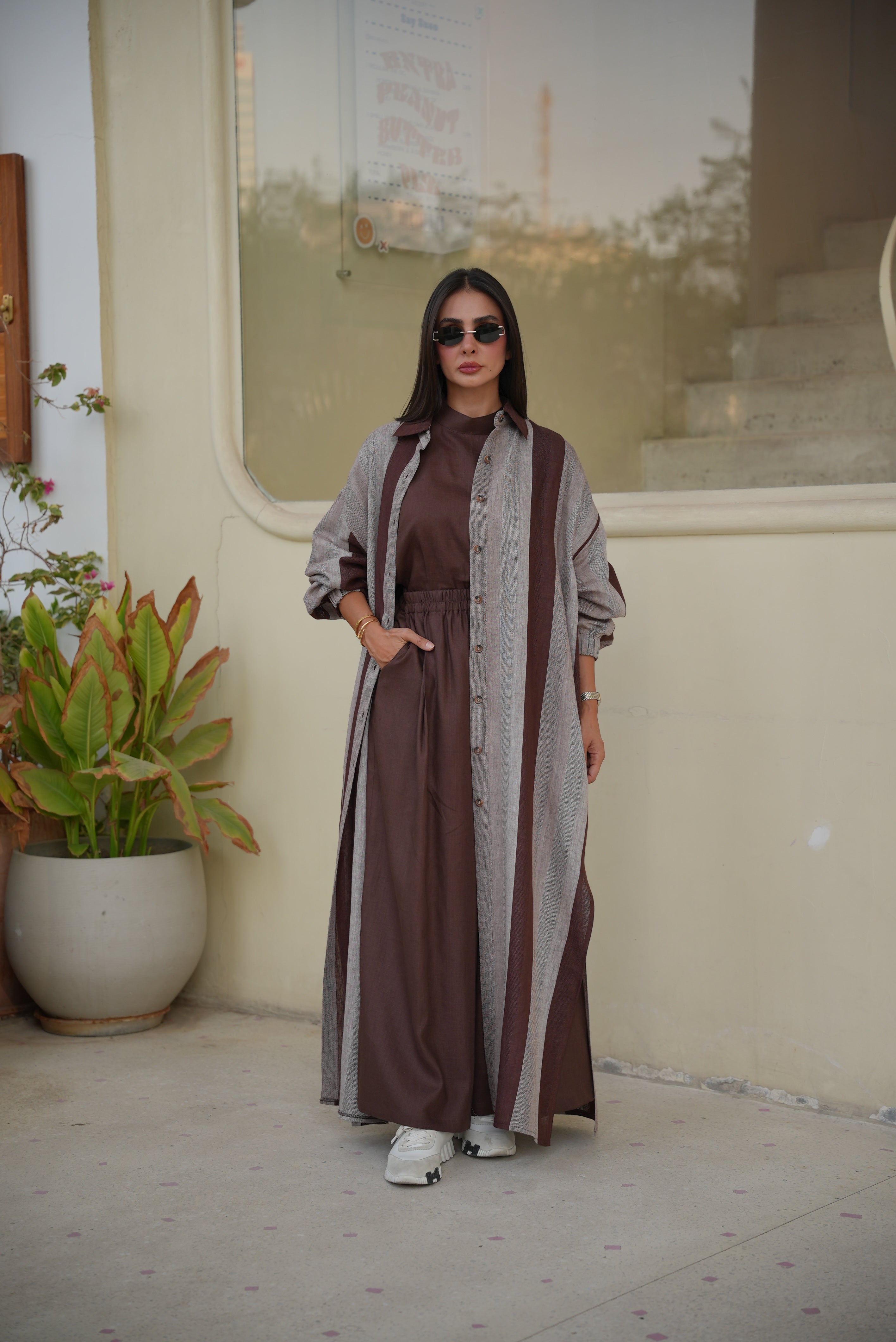 Brown & Beige Striped Linen Abaya – Free Size