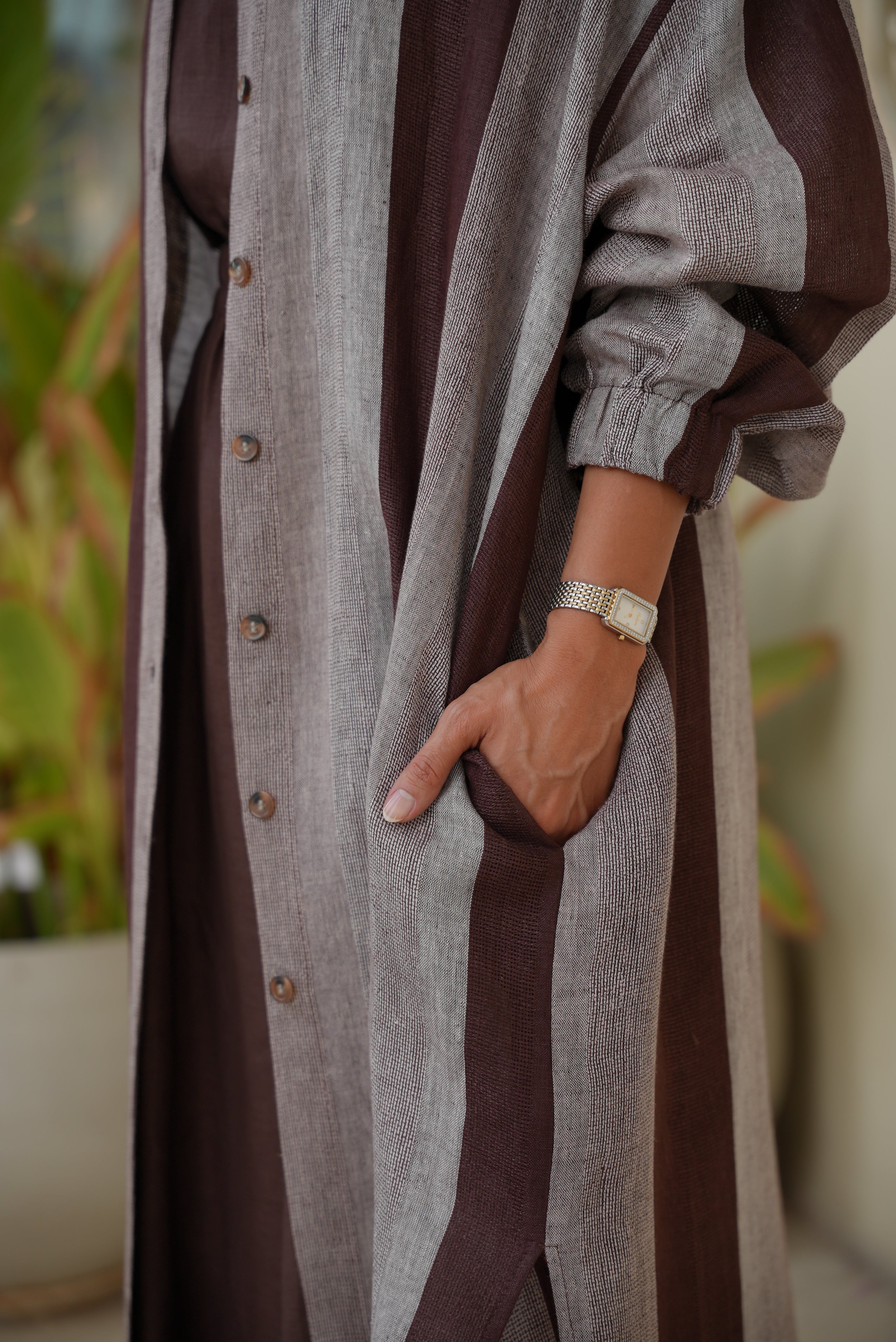 Brown & Beige Striped Linen Abaya – Free Size
