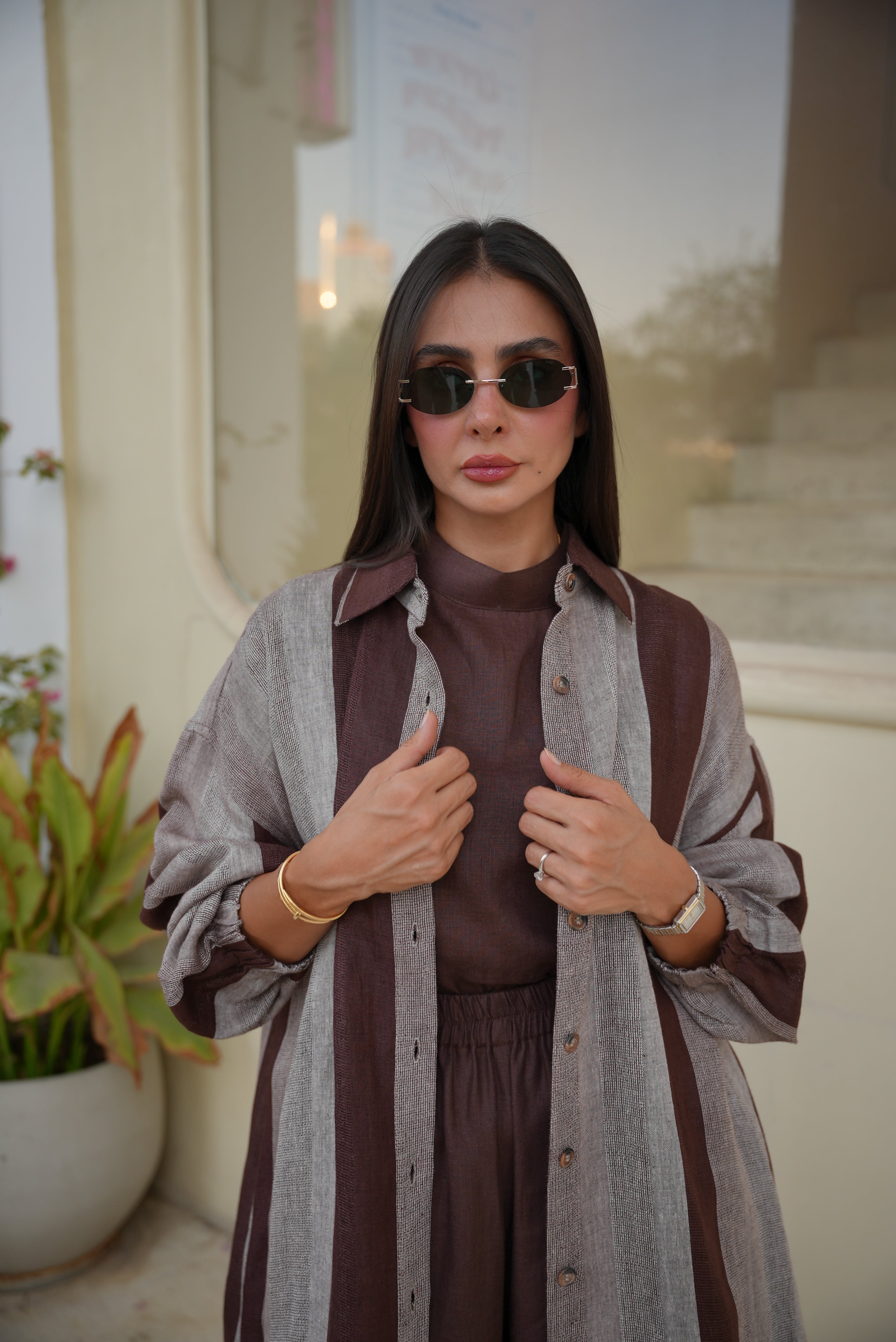 Brown & Beige Striped Linen Abaya – Free Size