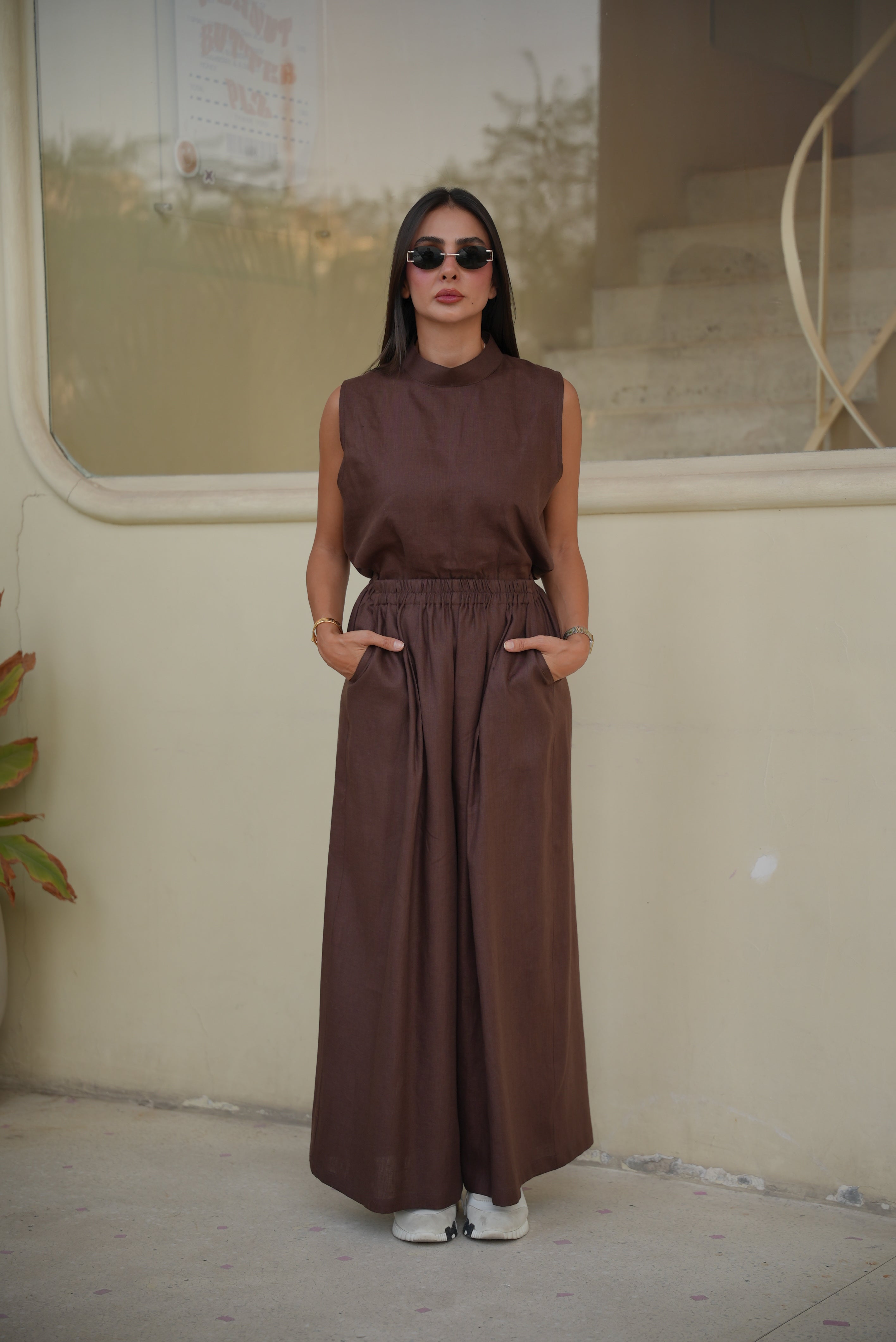 Brown Linen Blouse & Pants Set
