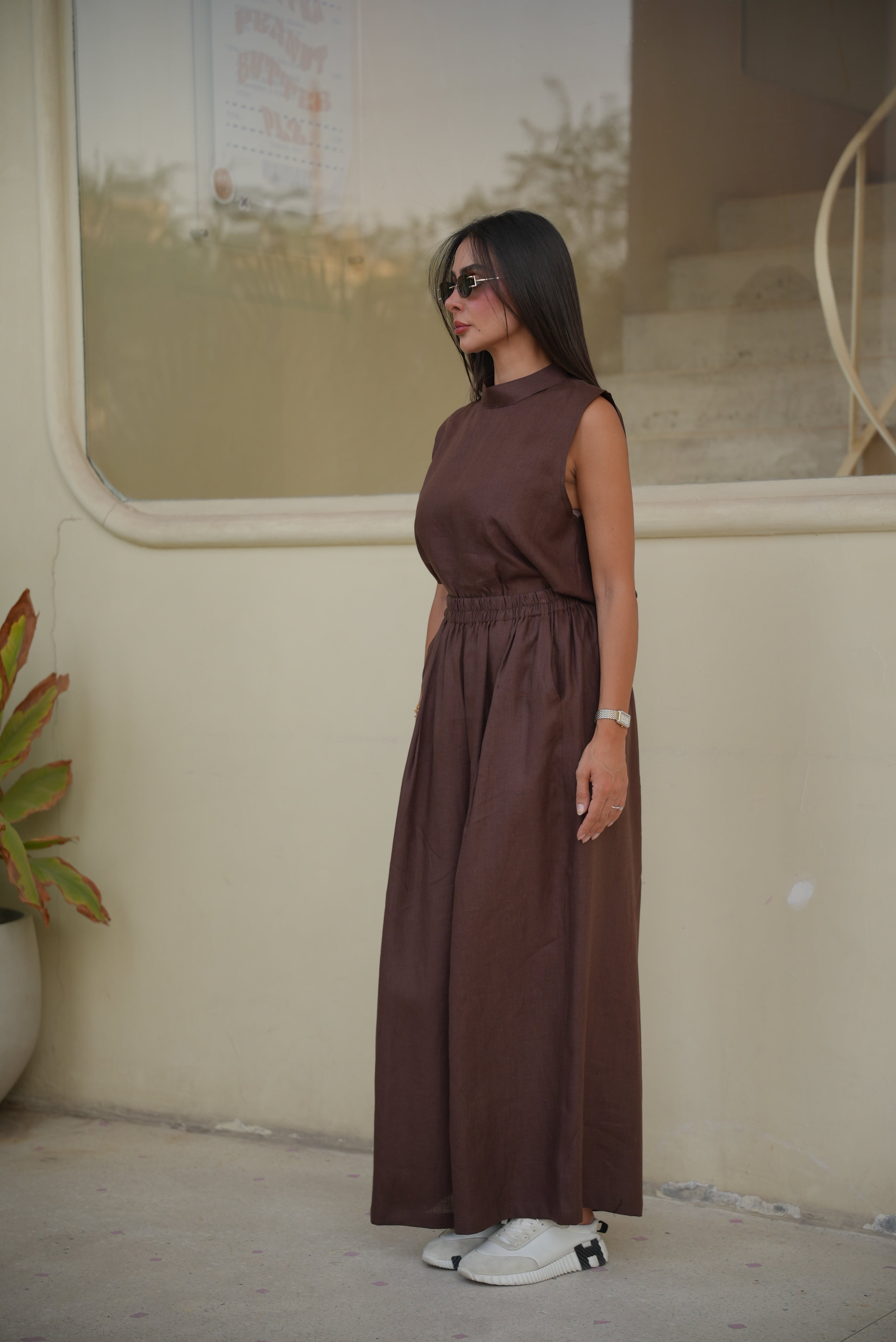 Brown Linen Blouse & Pants Set