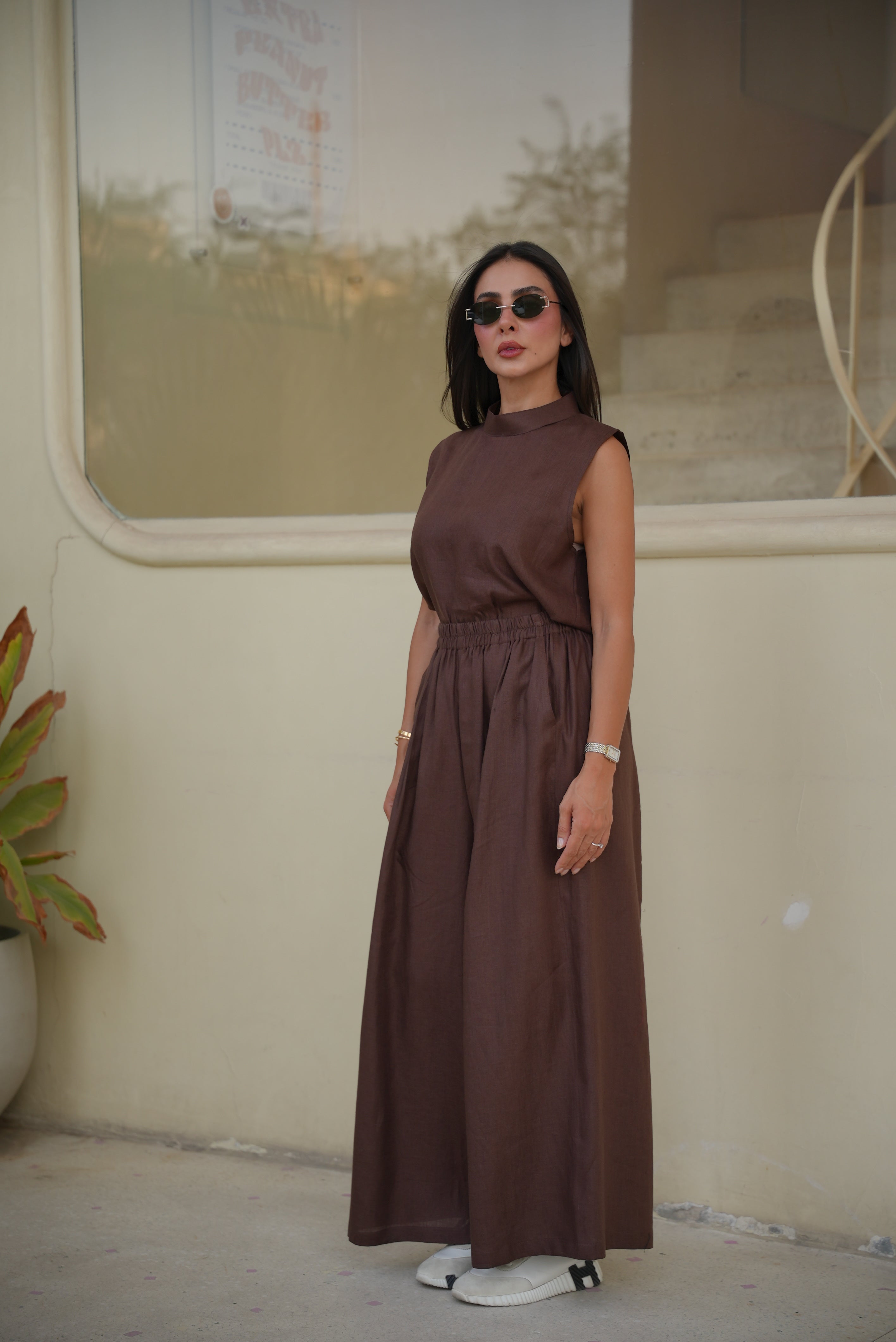 Brown Linen Blouse & Pants Set