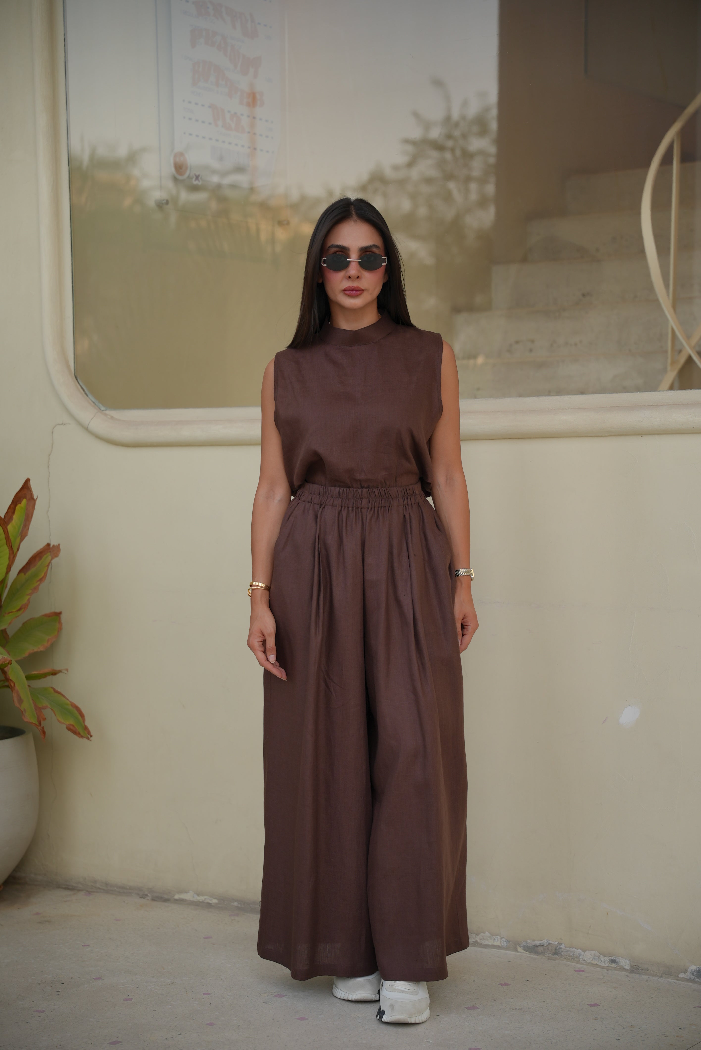 Brown Linen Blouse & Pants Set
