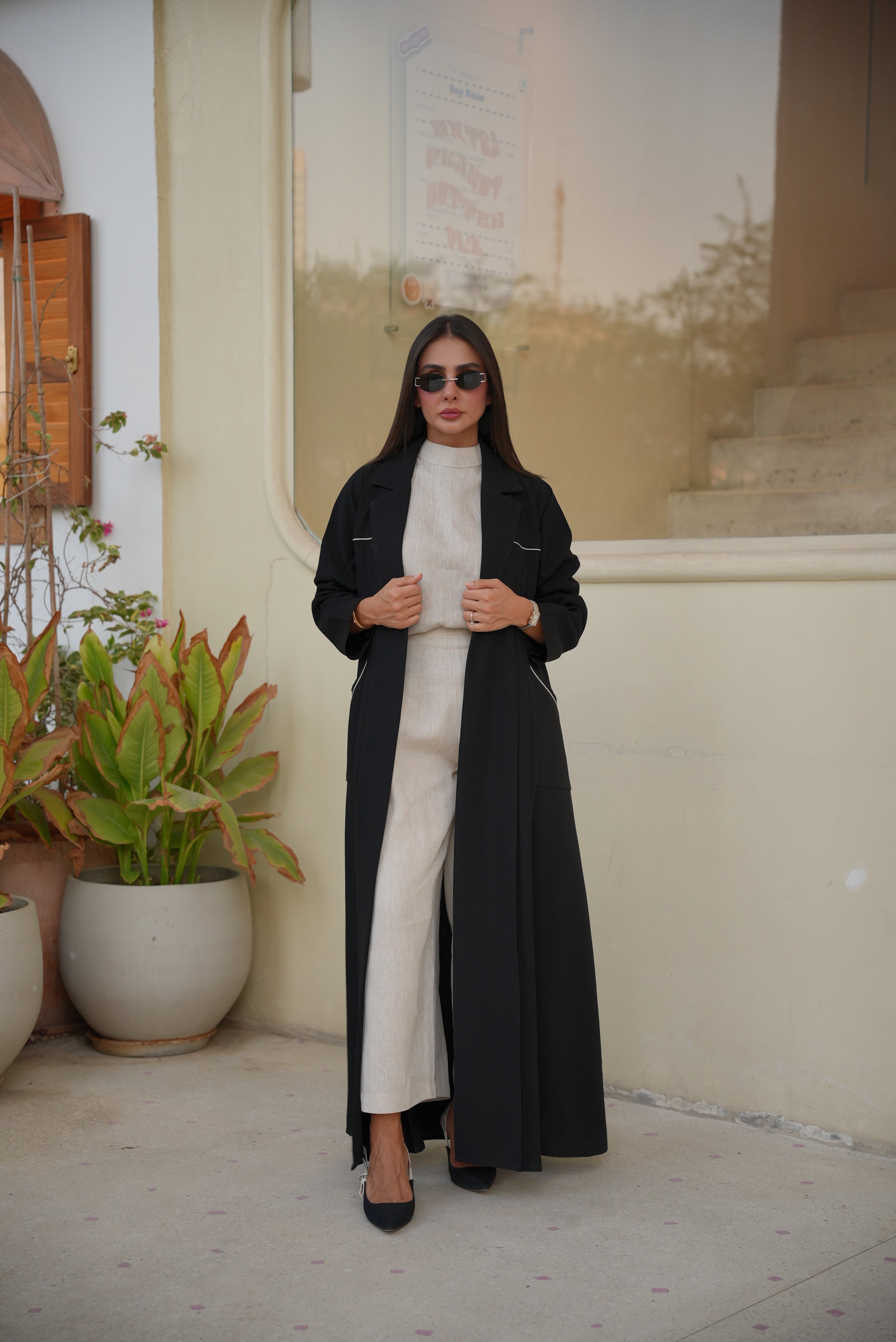 Black Crepe Abaya with Beige Trim