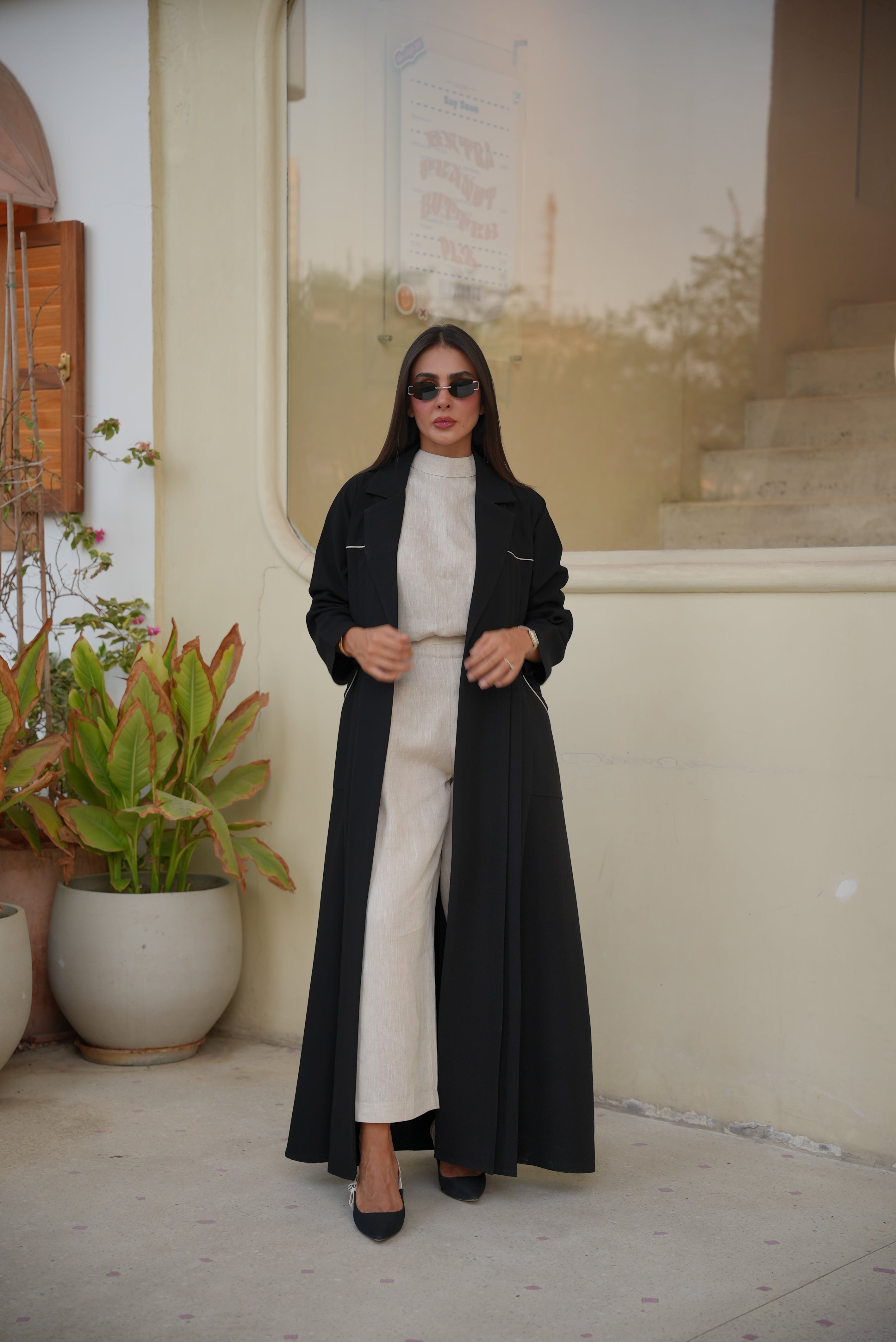 Black Crepe Abaya with Beige Trim