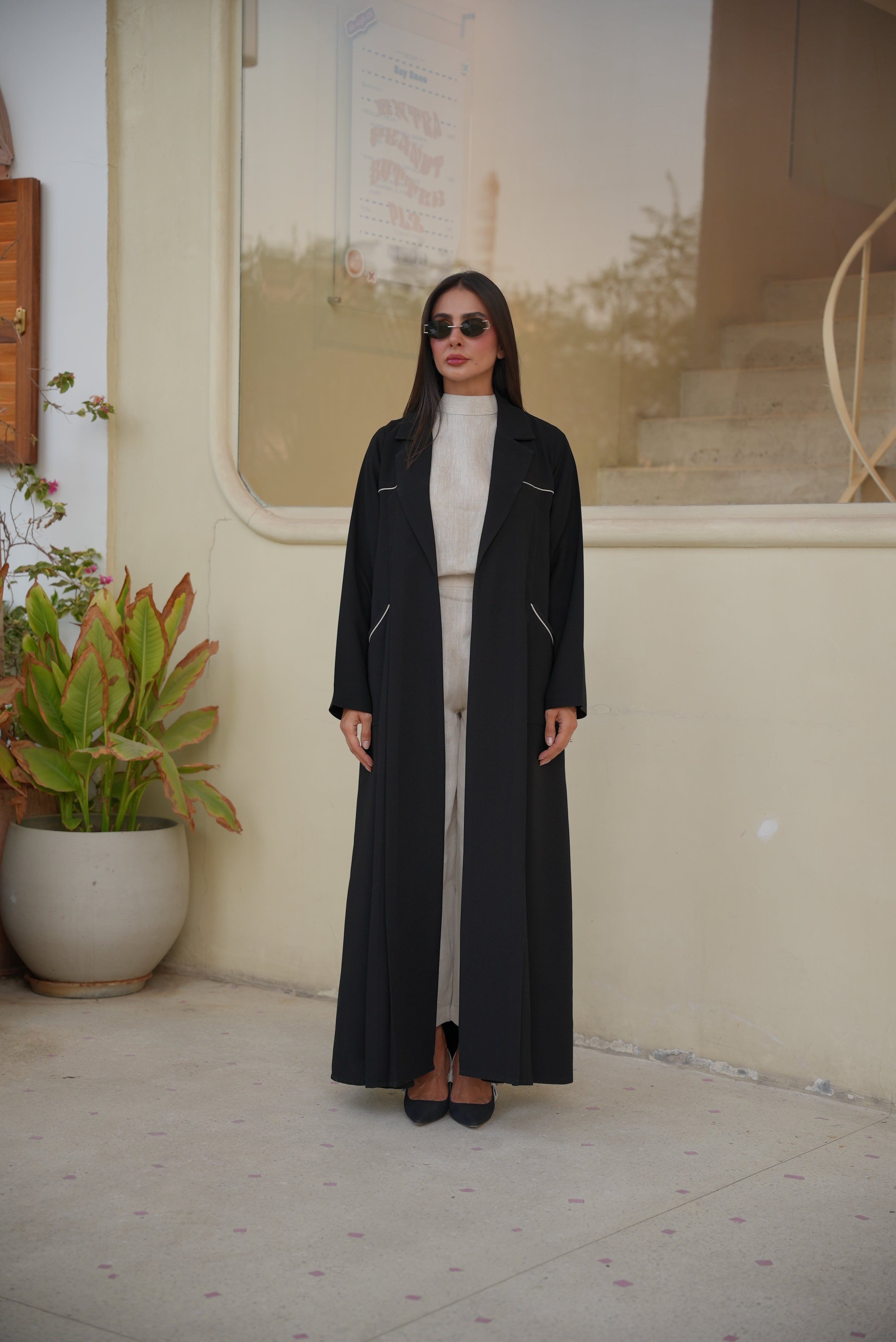 Black Crepe Abaya with Beige Trim