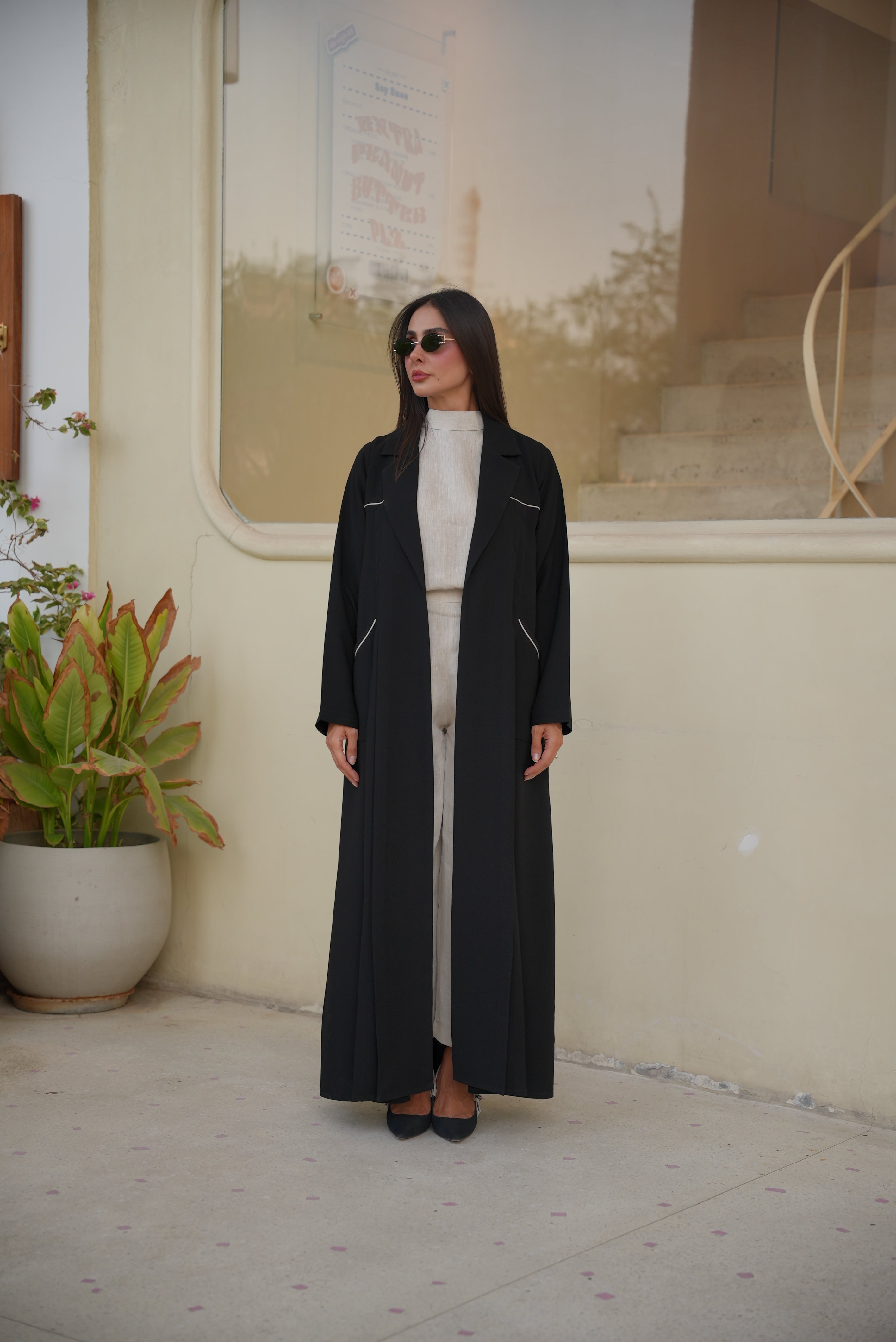 Black Crepe Abaya with Beige Trim