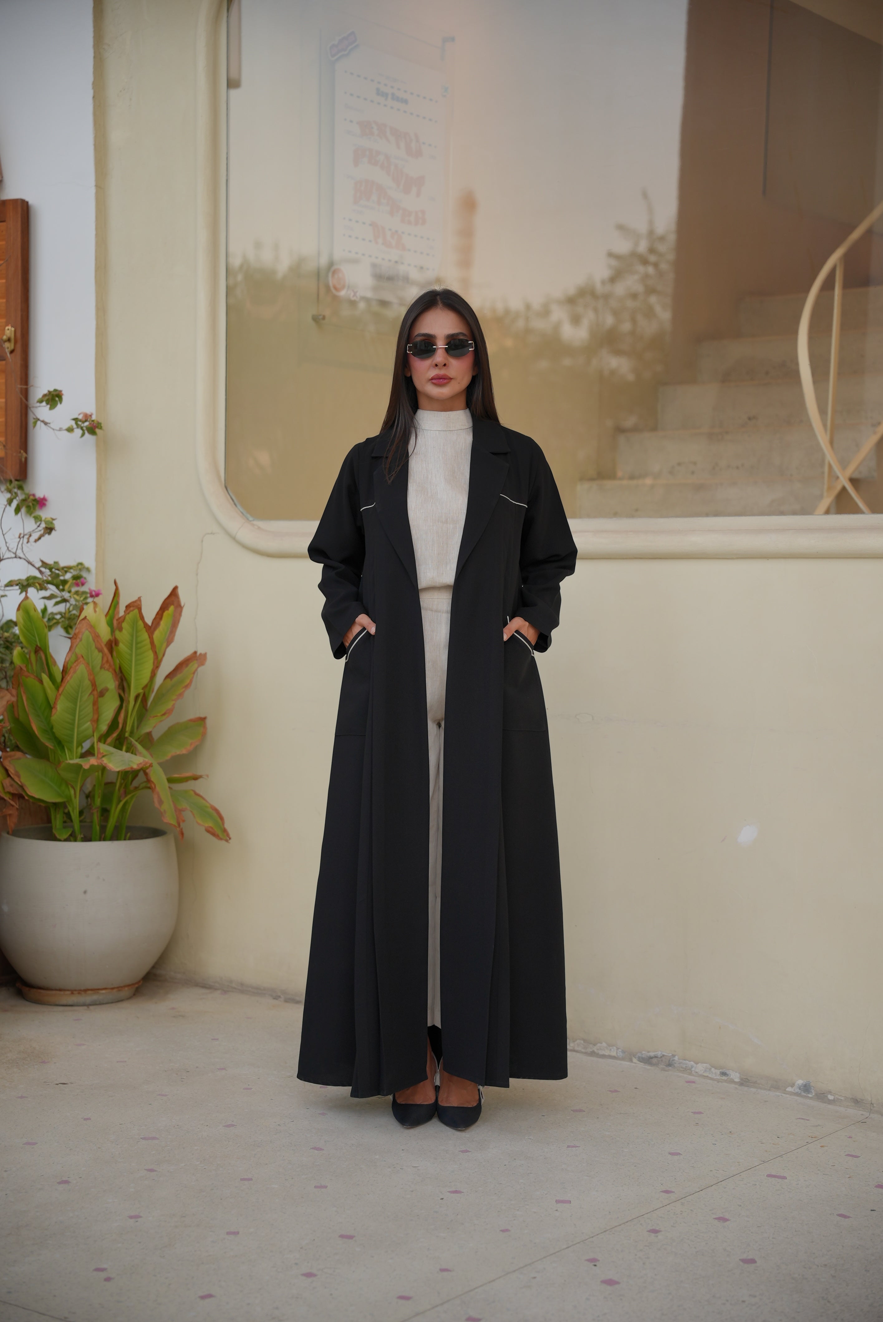 Black Crepe Abaya with Beige Trim