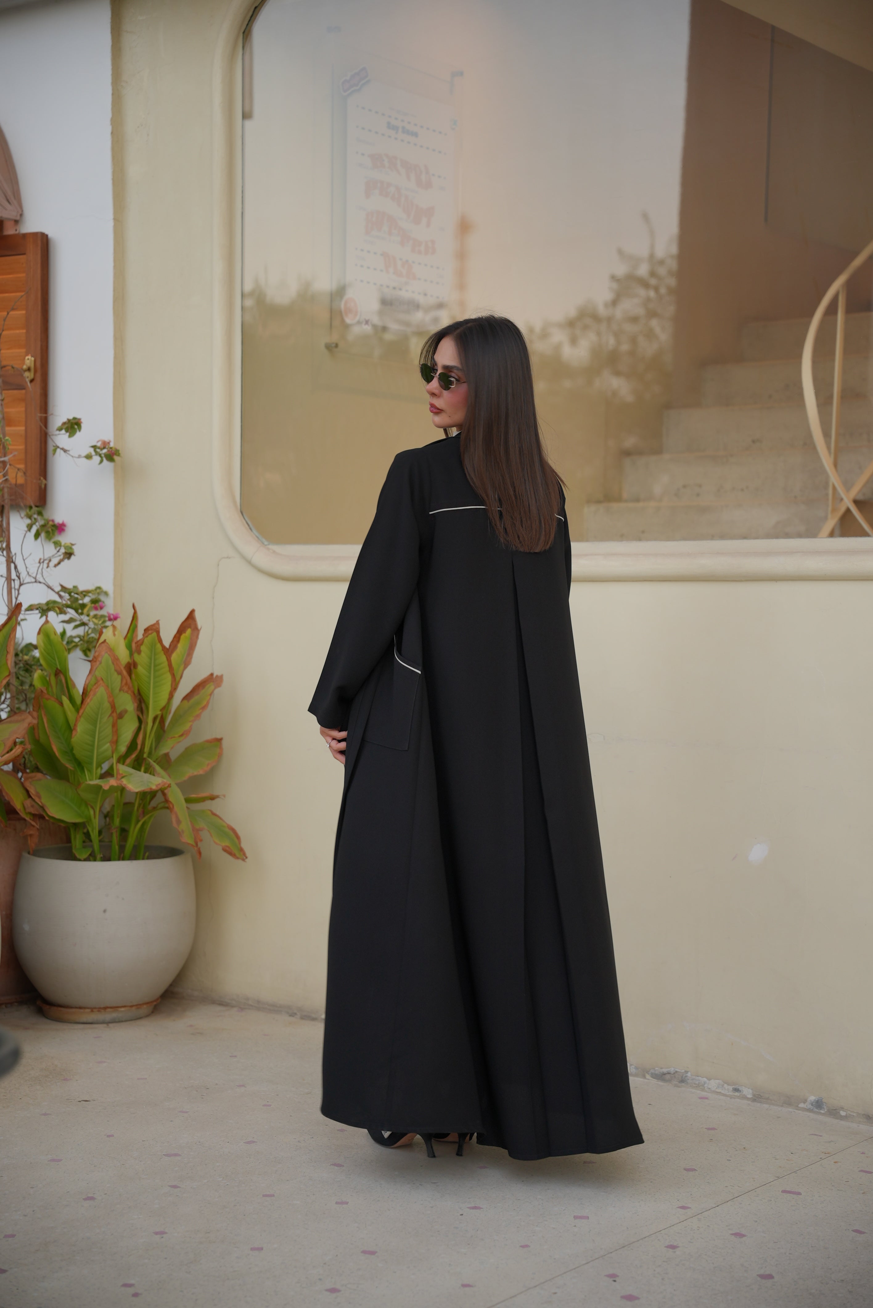 Black Crepe Abaya with Beige Trim