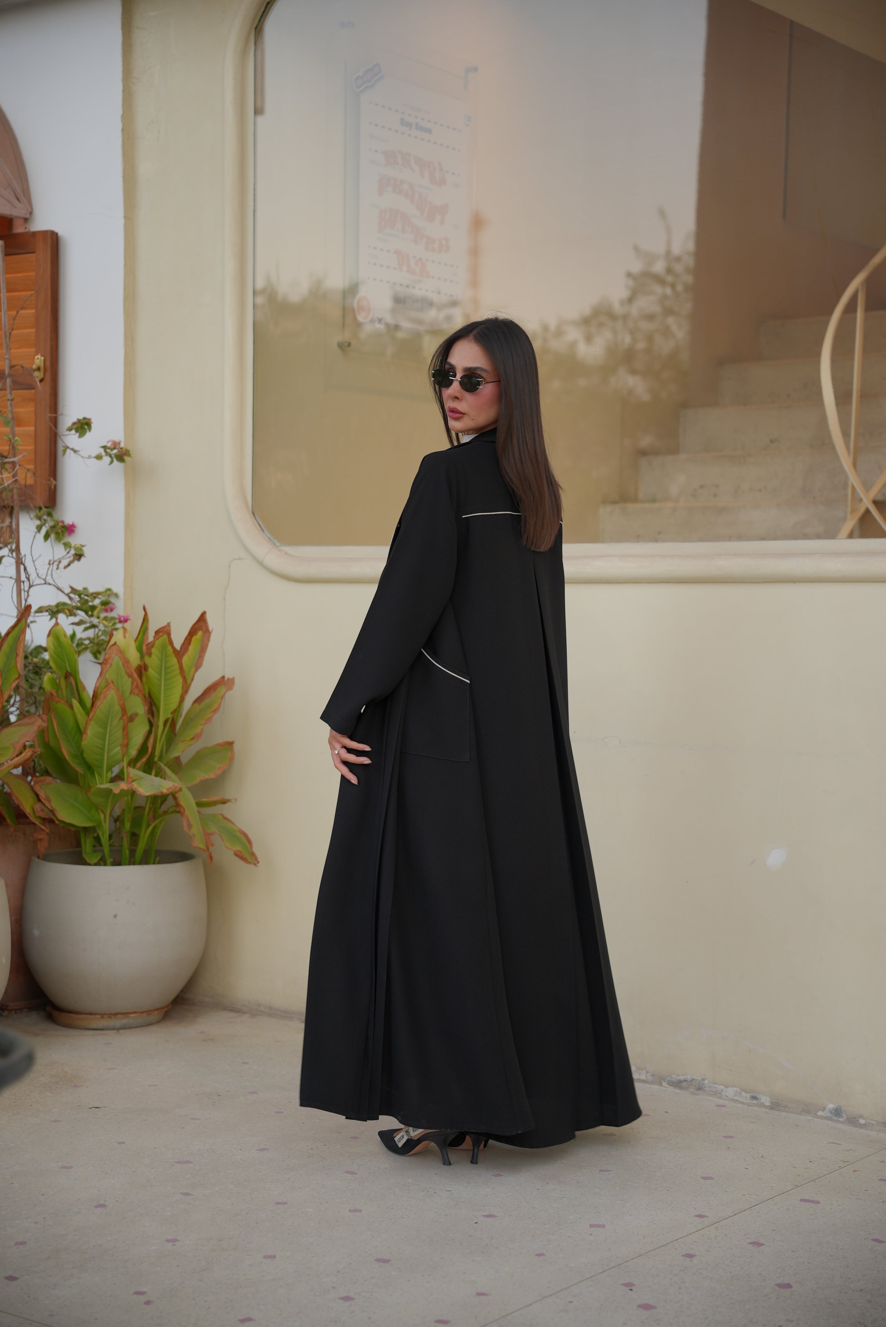Black Crepe Abaya with Beige Trim