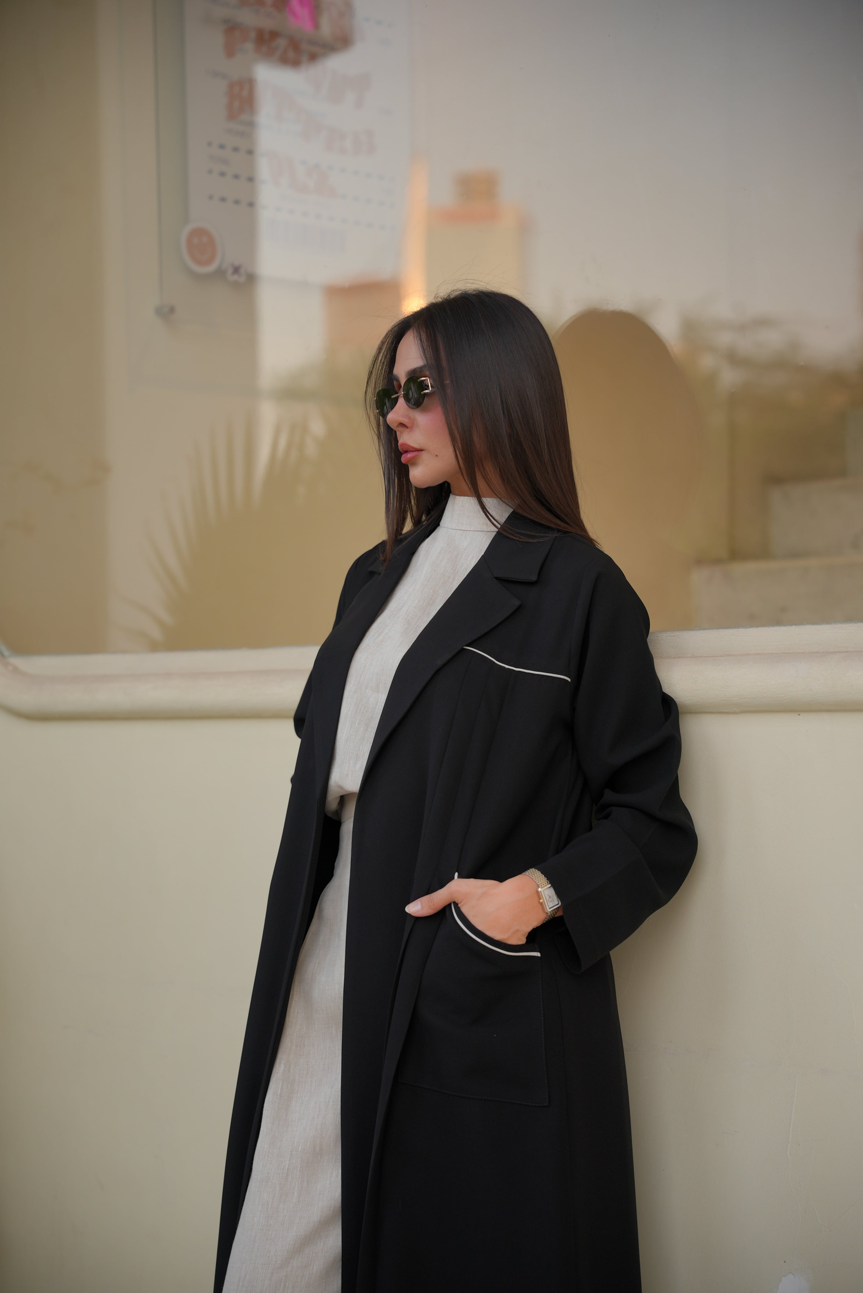 Black Crepe Abaya with Beige Trim