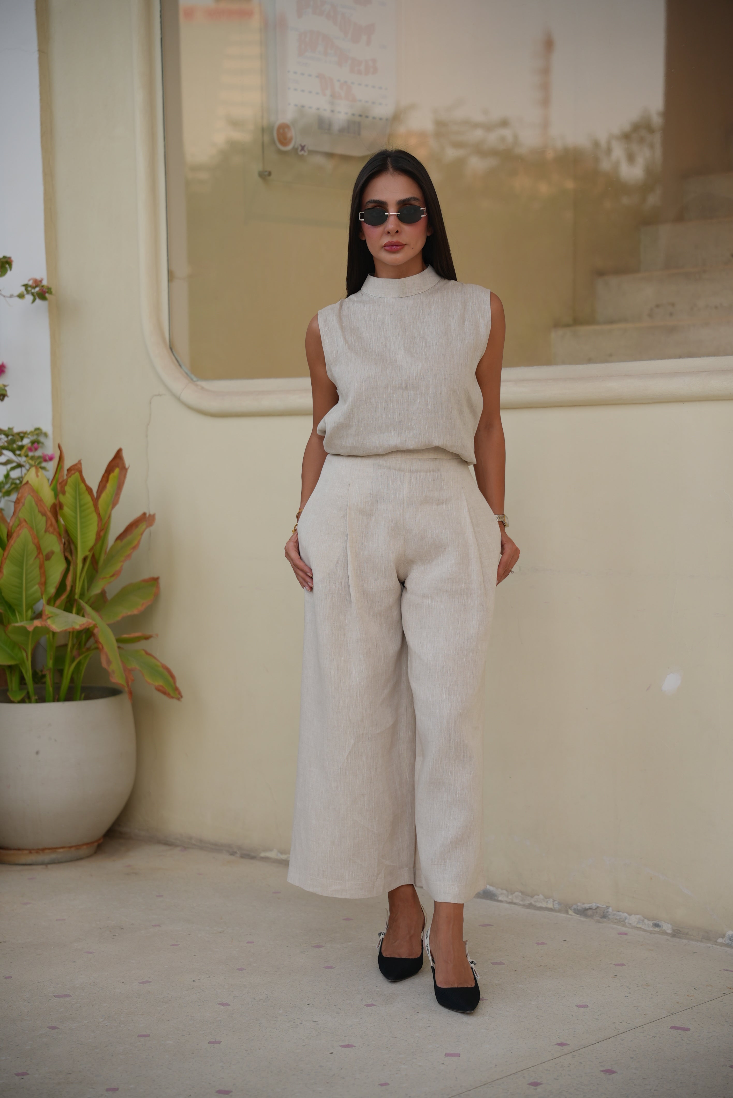 beige Linen Blouse & Pants Set