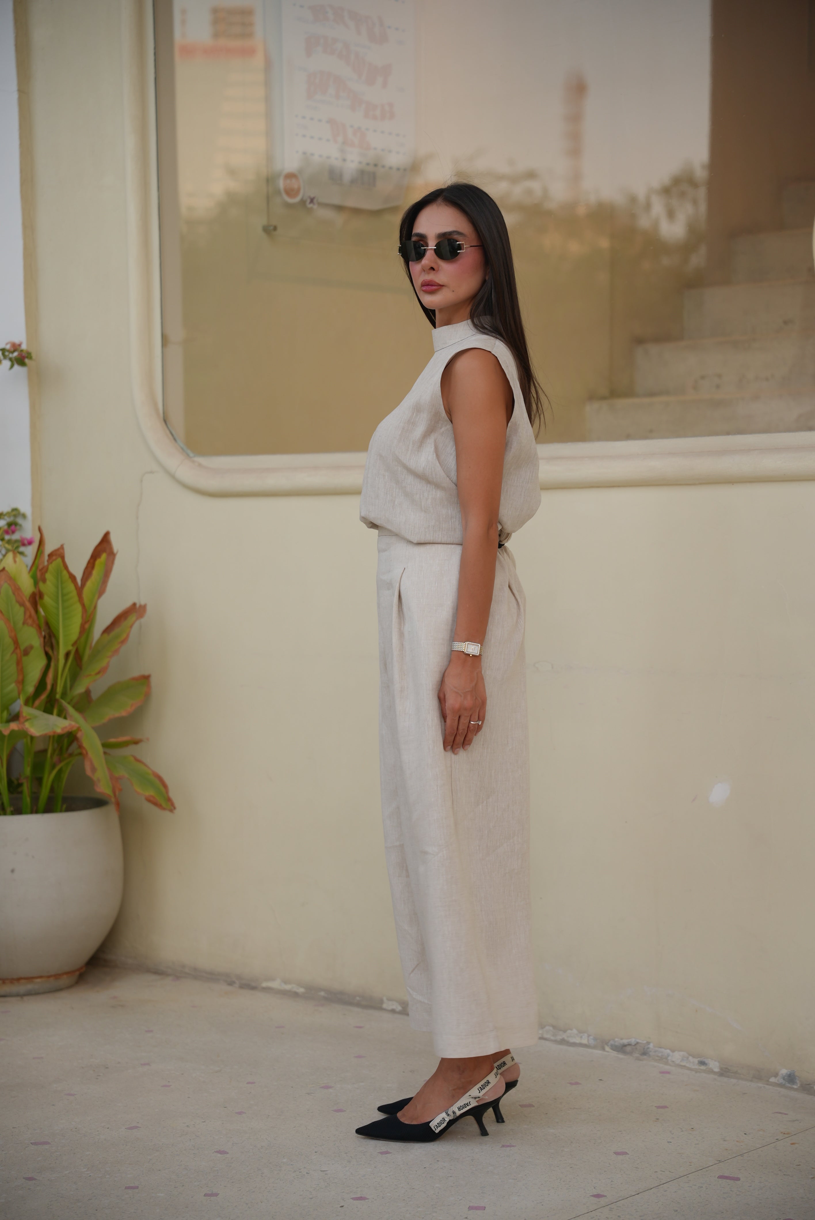 beige Linen Blouse & Pants Set