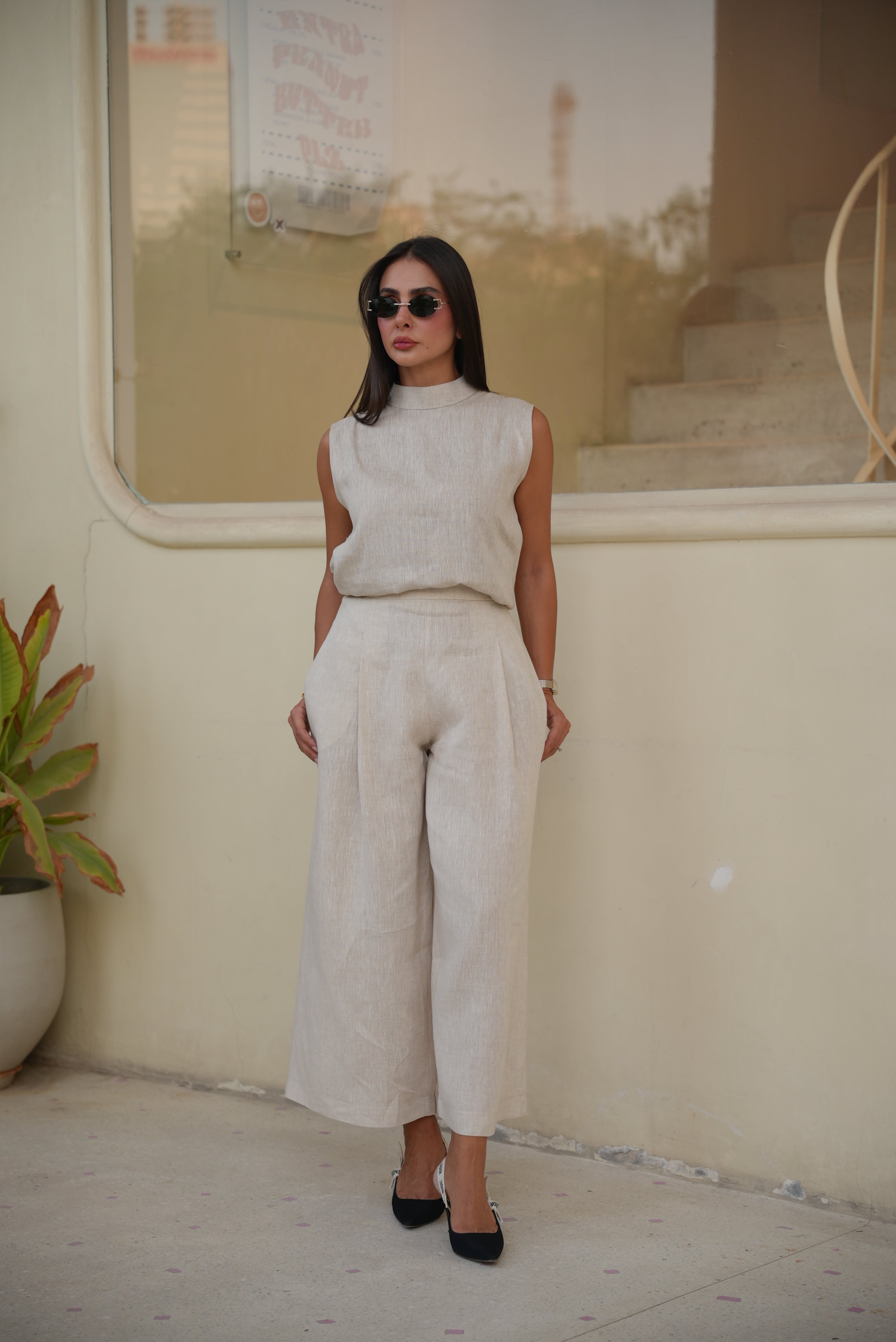 beige Linen Blouse & Pants Set