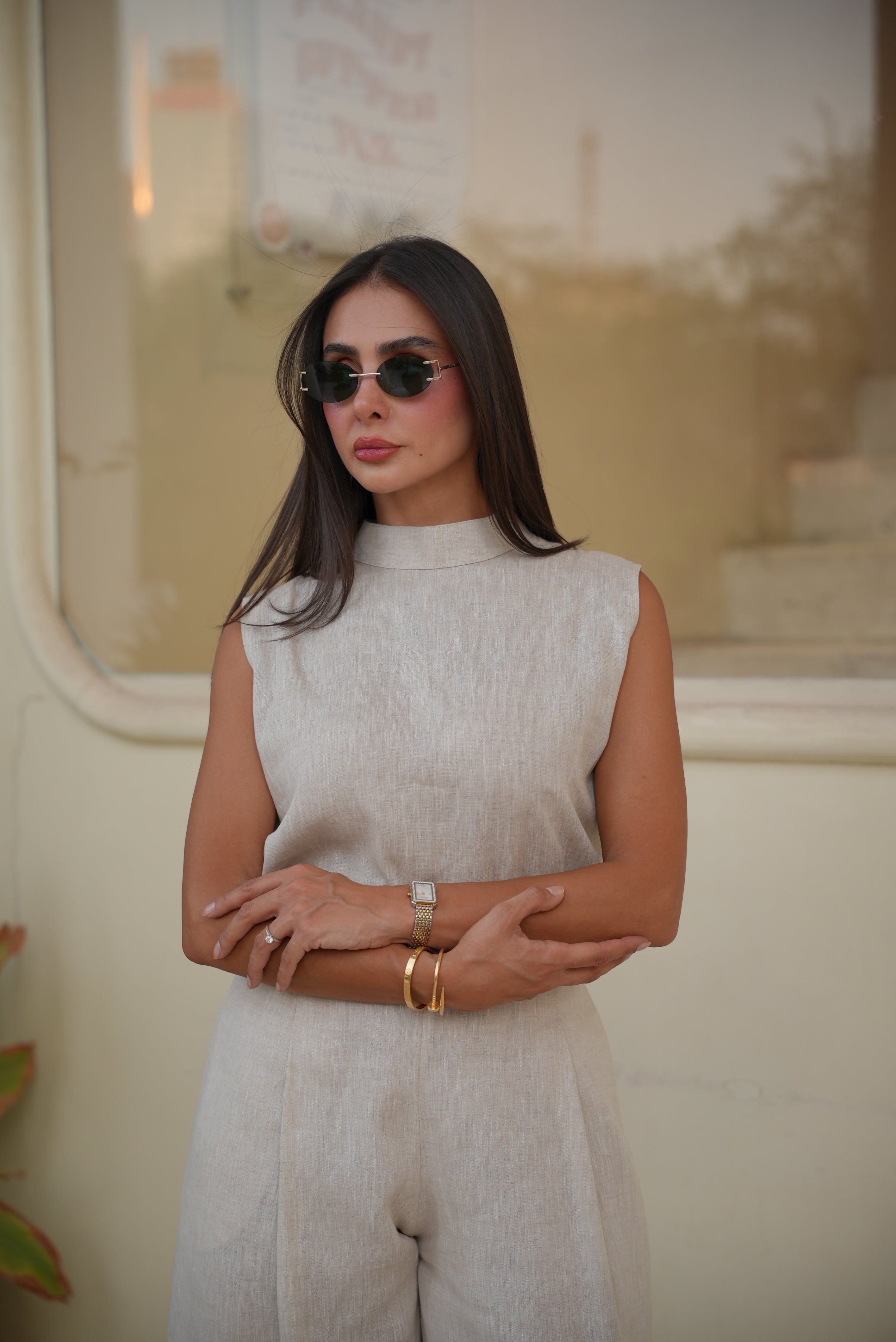 beige Linen Blouse & Pants Set