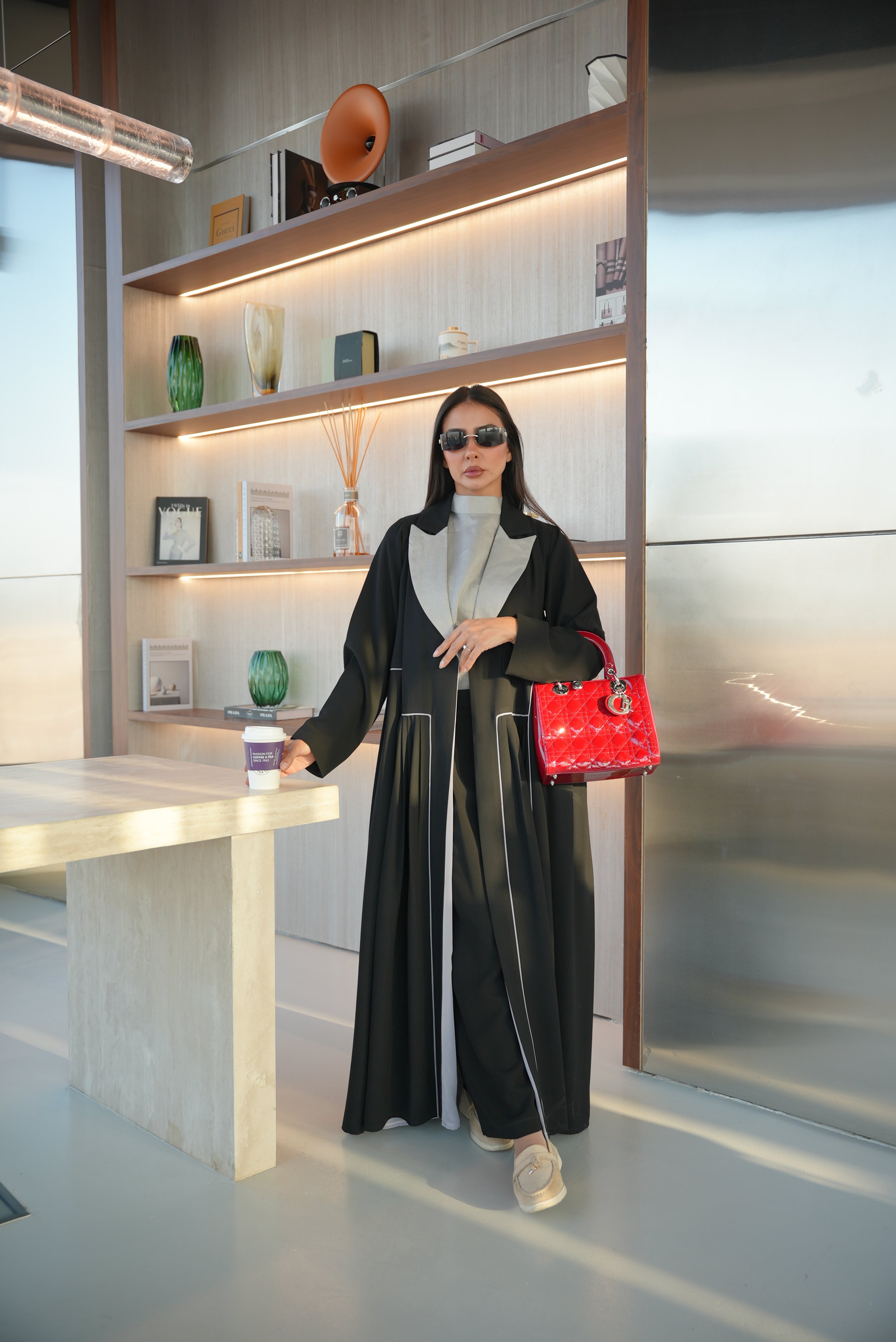Black Crepe Abaya with Gray Trim-1985