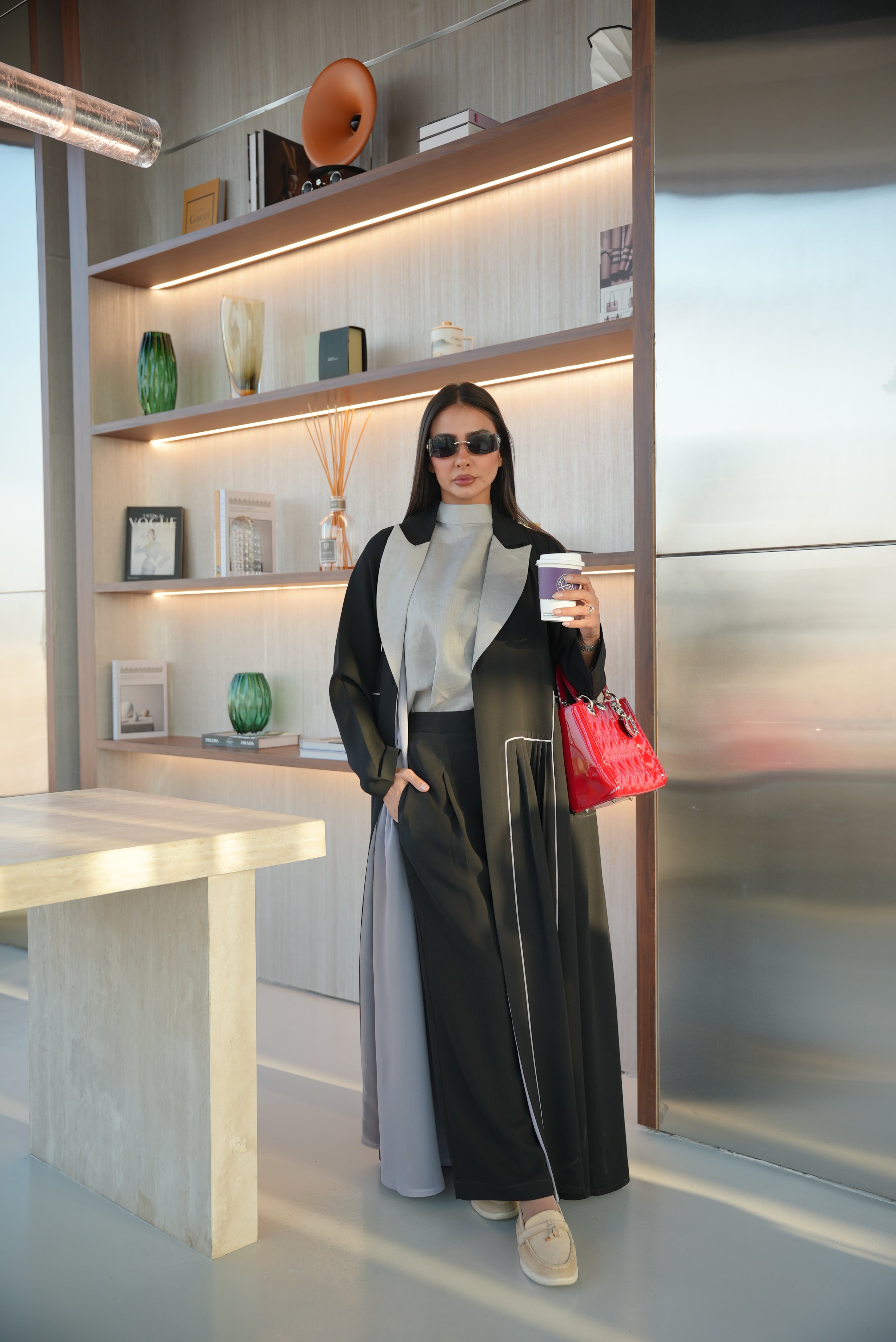 Black Crepe Abaya with Gray Trim-1985