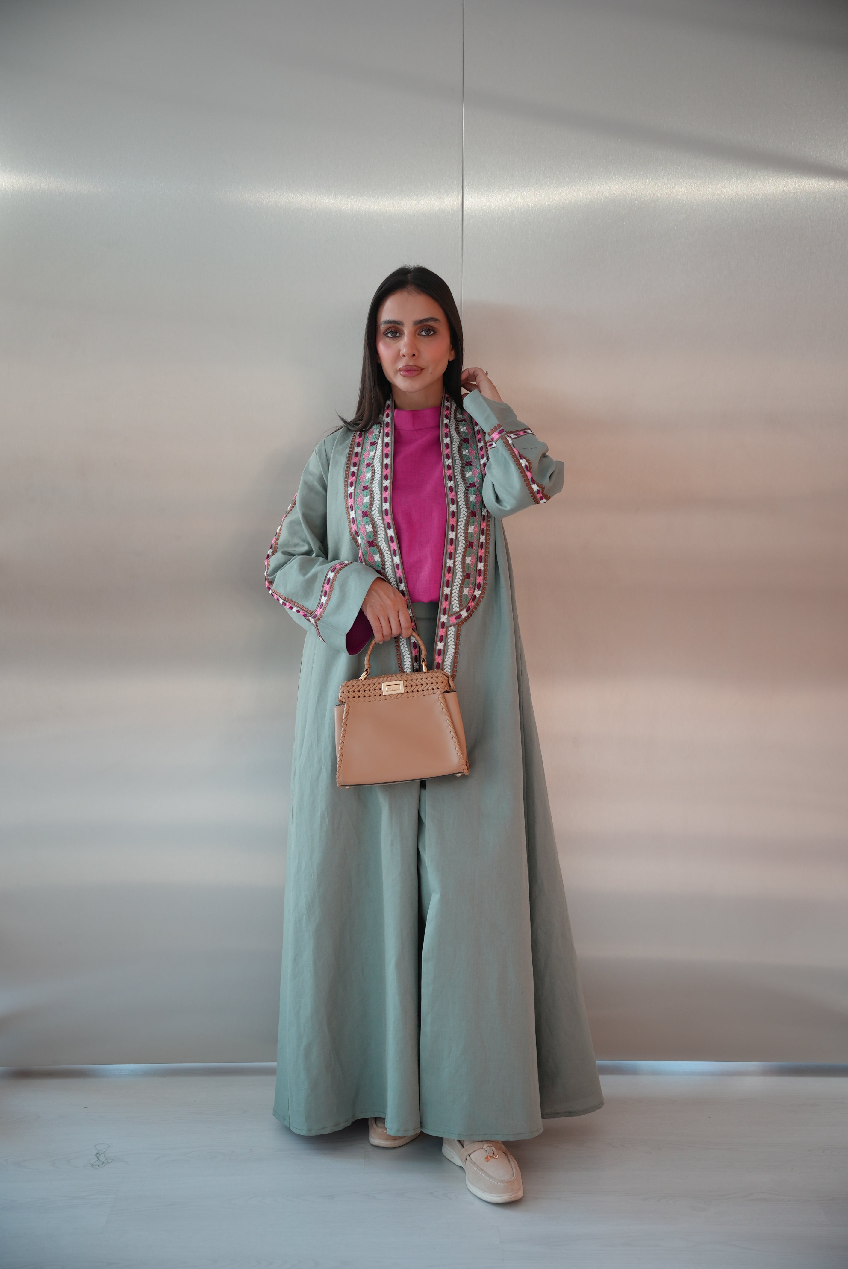 Green Linen Abaya with Pink Embroidery -1983
