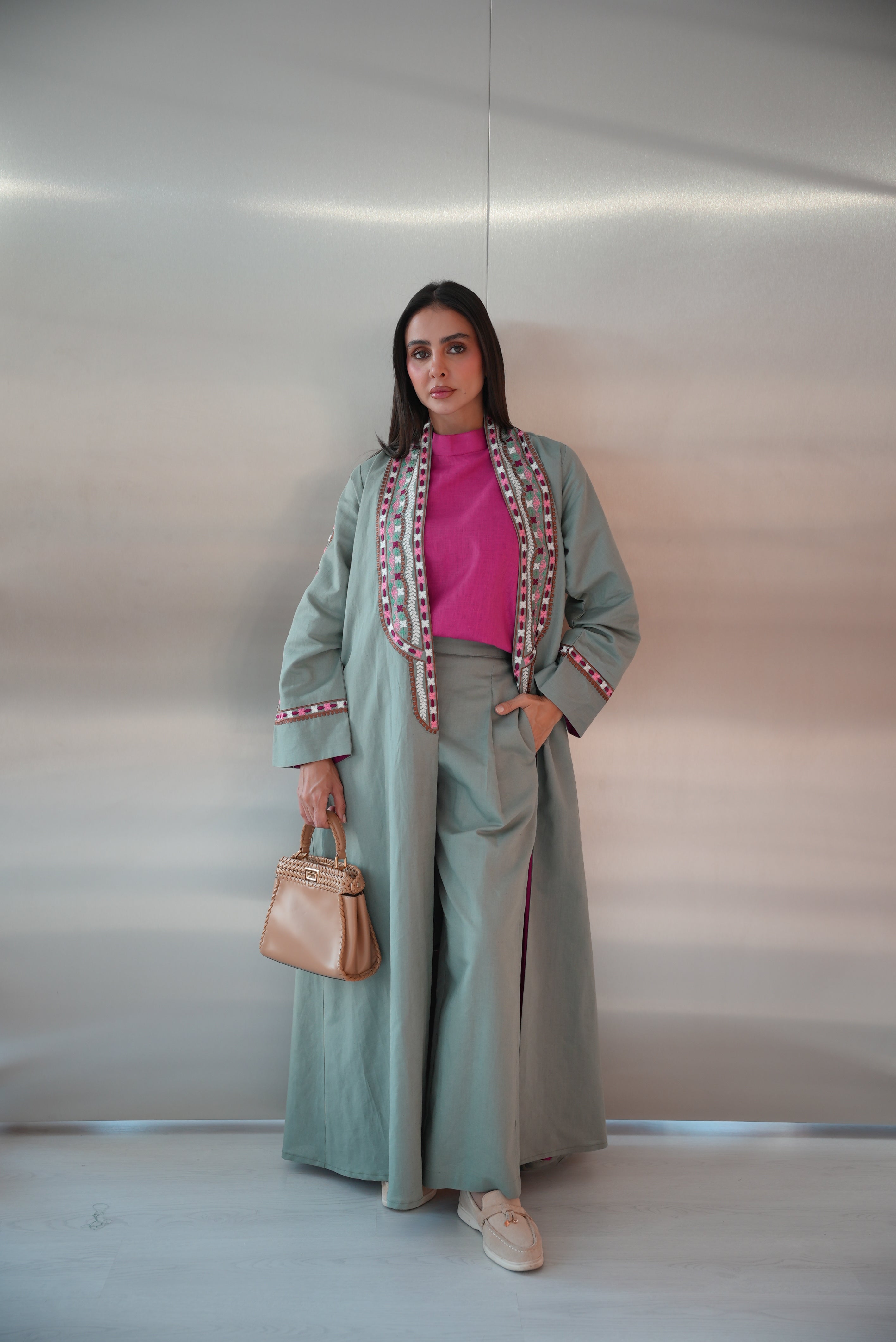 Green Linen Abaya with Pink Embroidery -1983