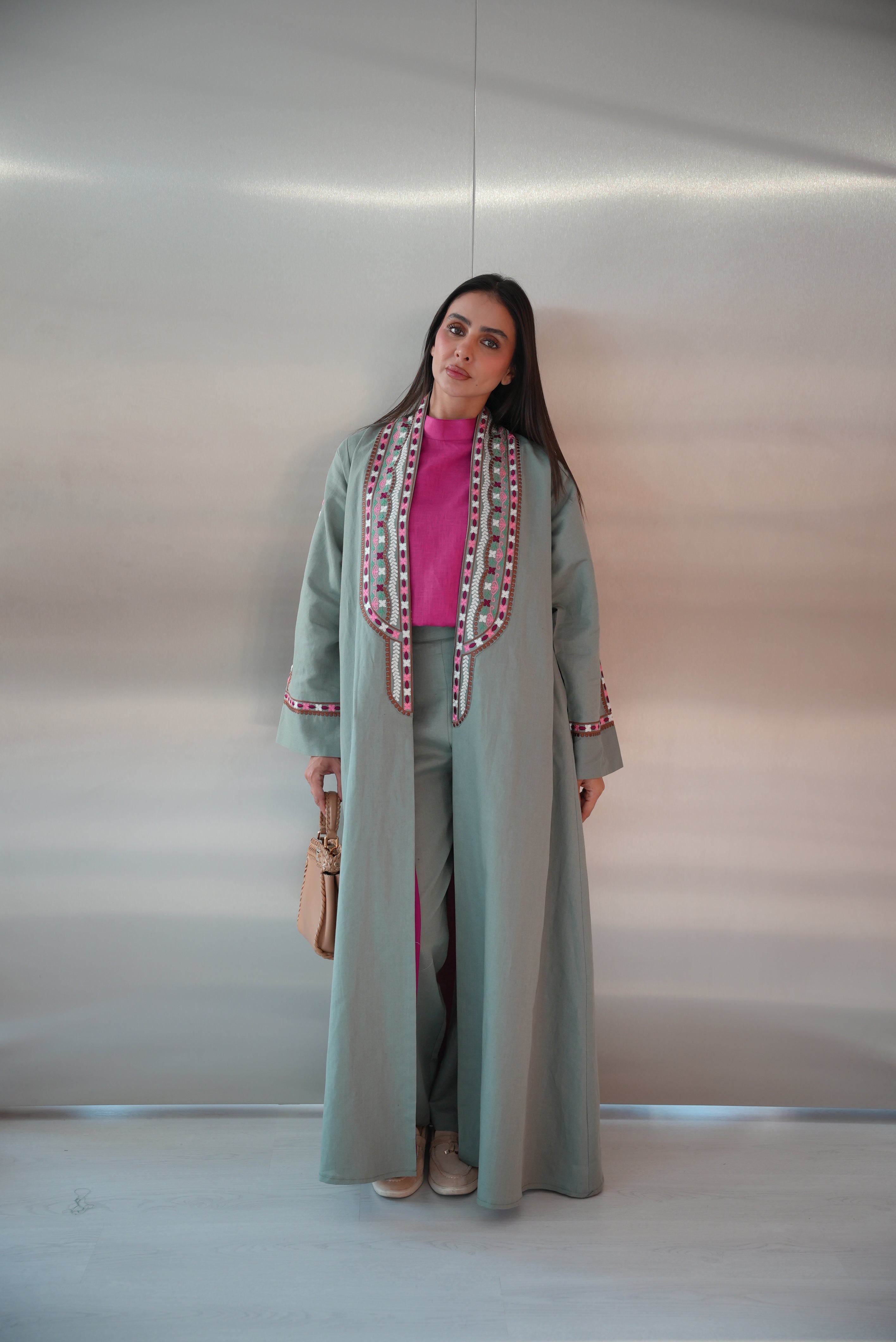 Green Linen Abaya with Pink Embroidery -1983