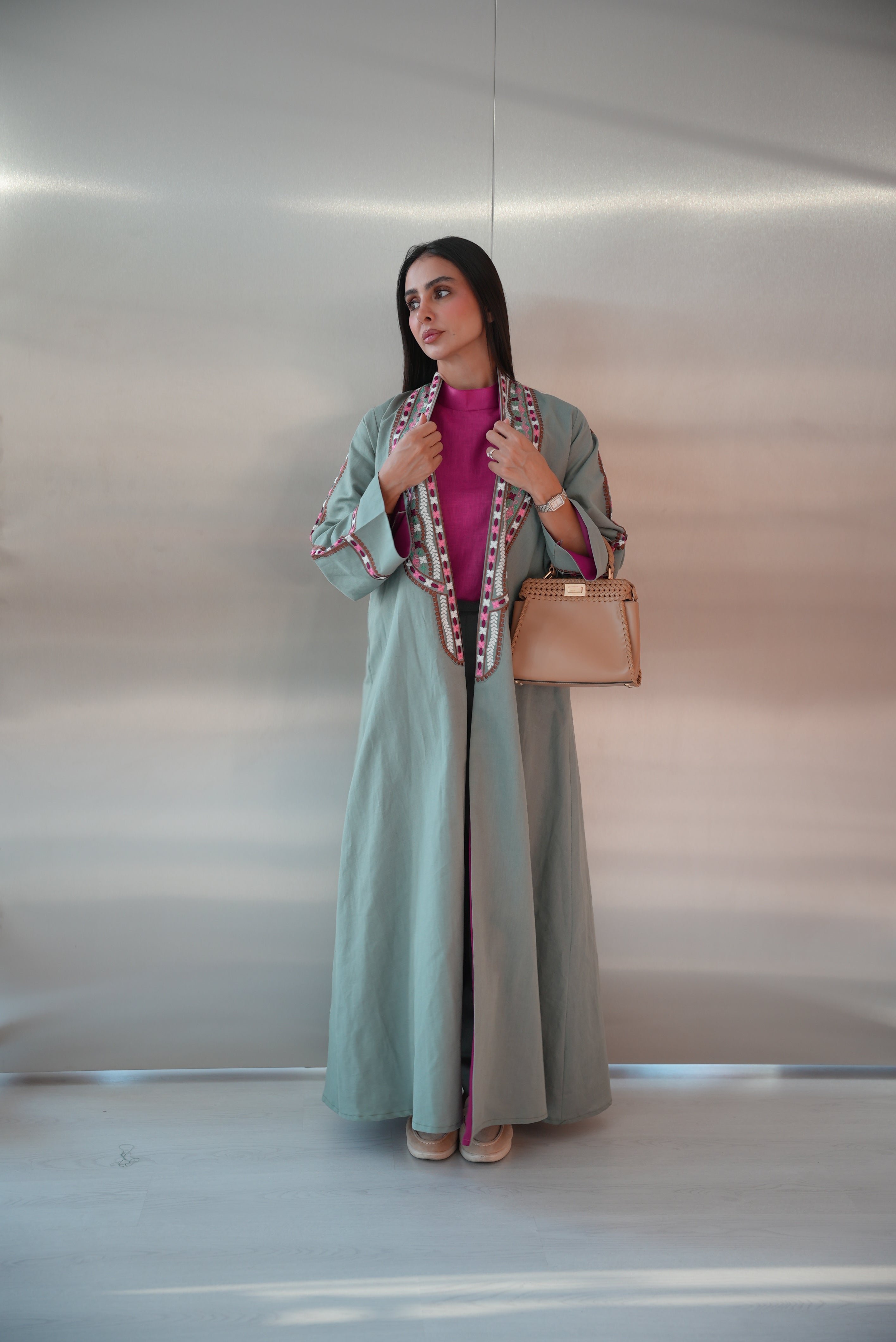 Green Linen Abaya with Pink Embroidery -1983