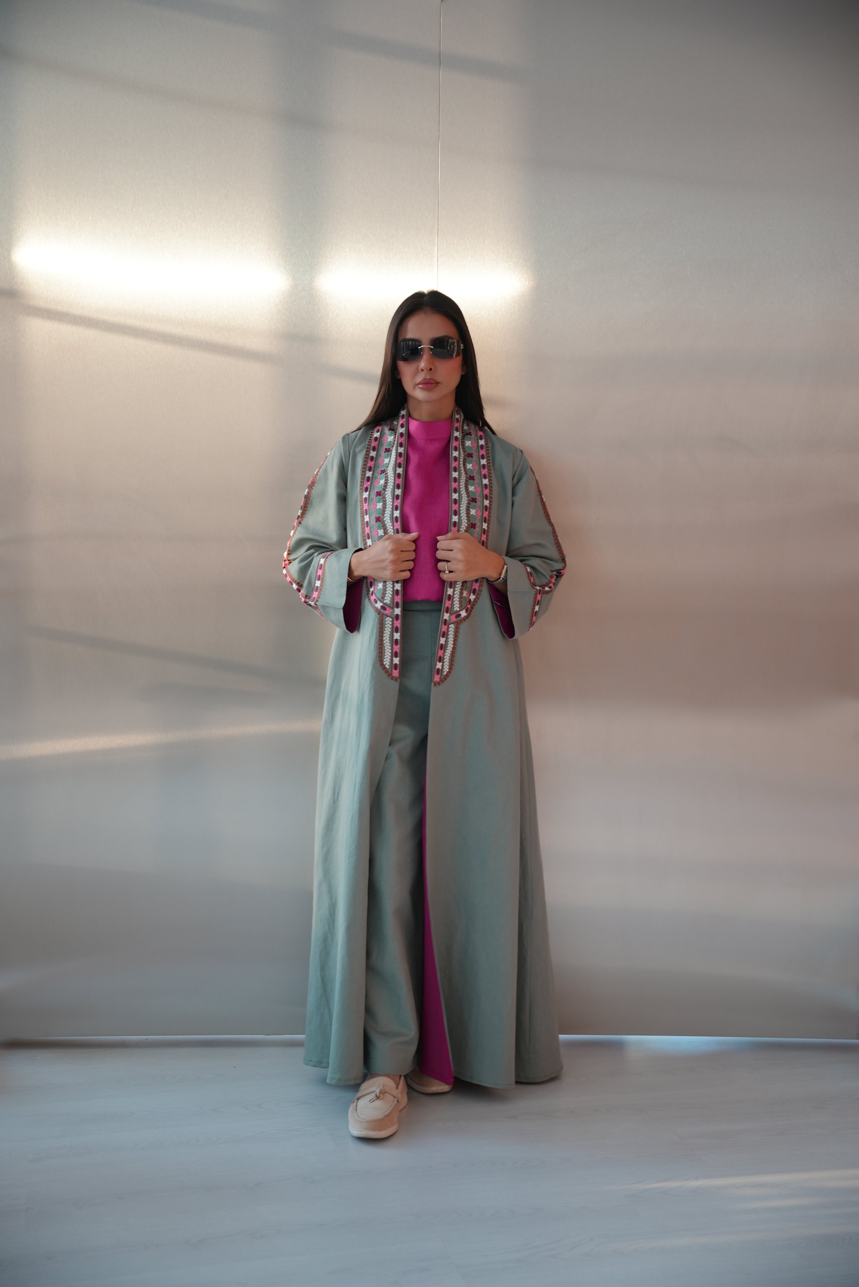 Green Linen Abaya with Pink Embroidery -1983