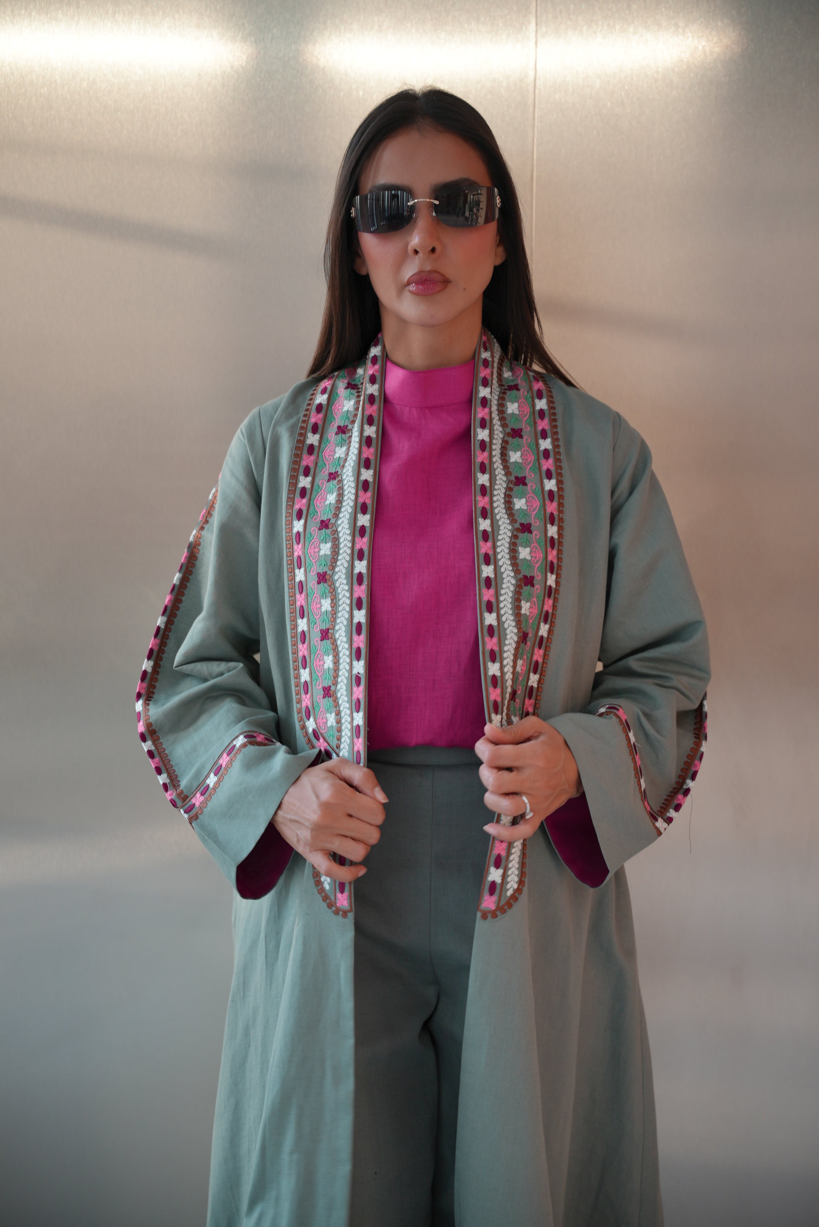 Green Linen Abaya with Pink Embroidery -1983