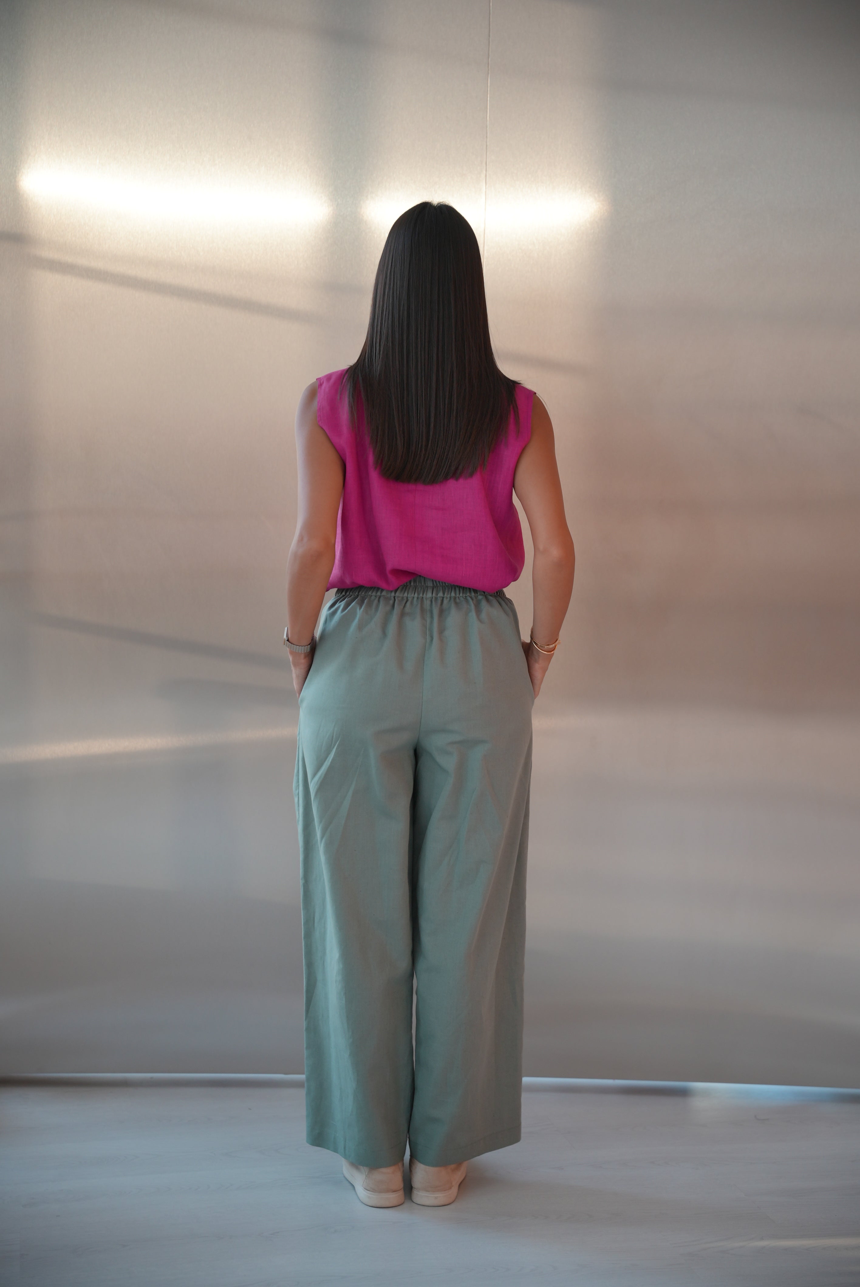 Pink Blouse & Green Linen Pants Set