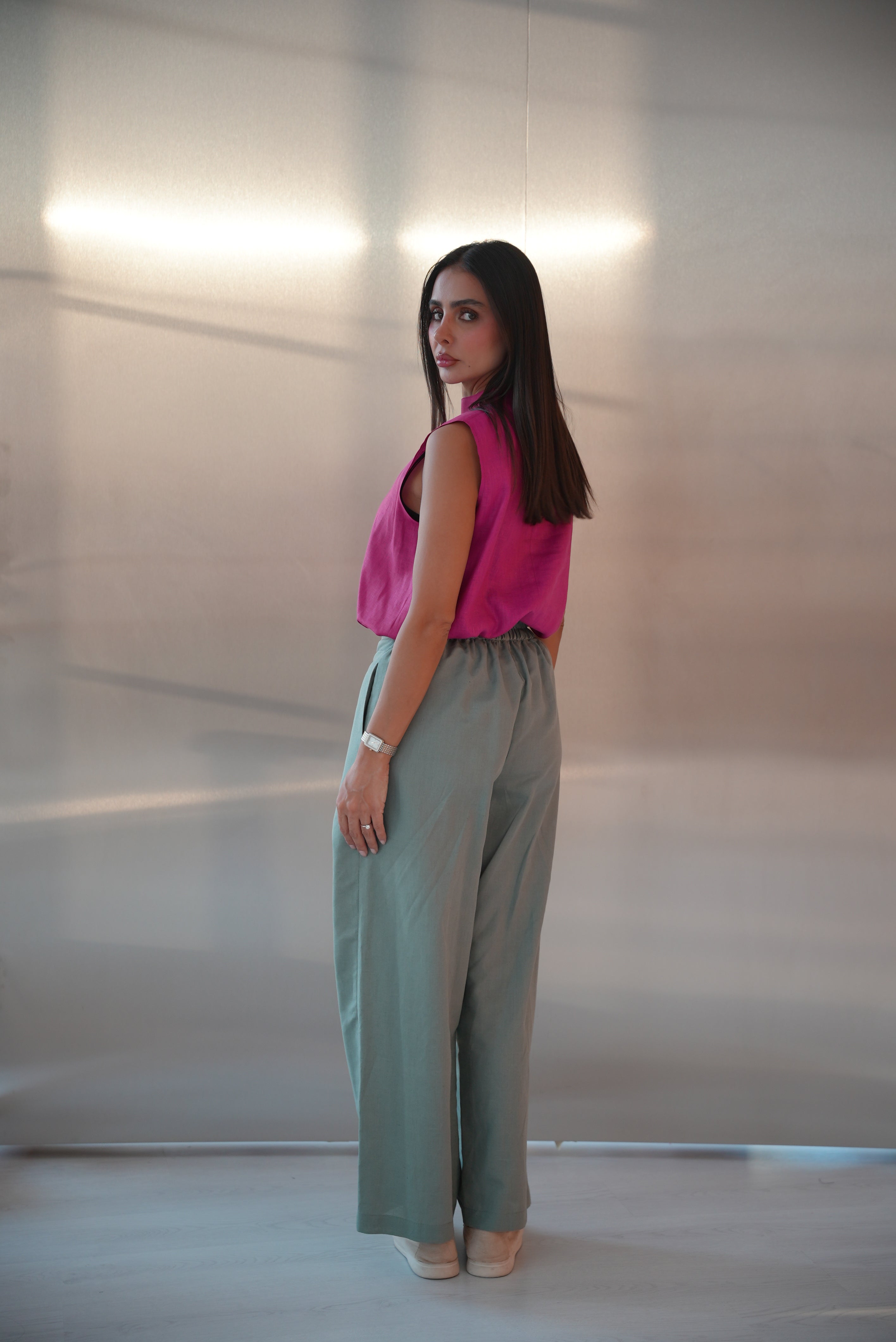 Pink Blouse & Green Linen Pants Set