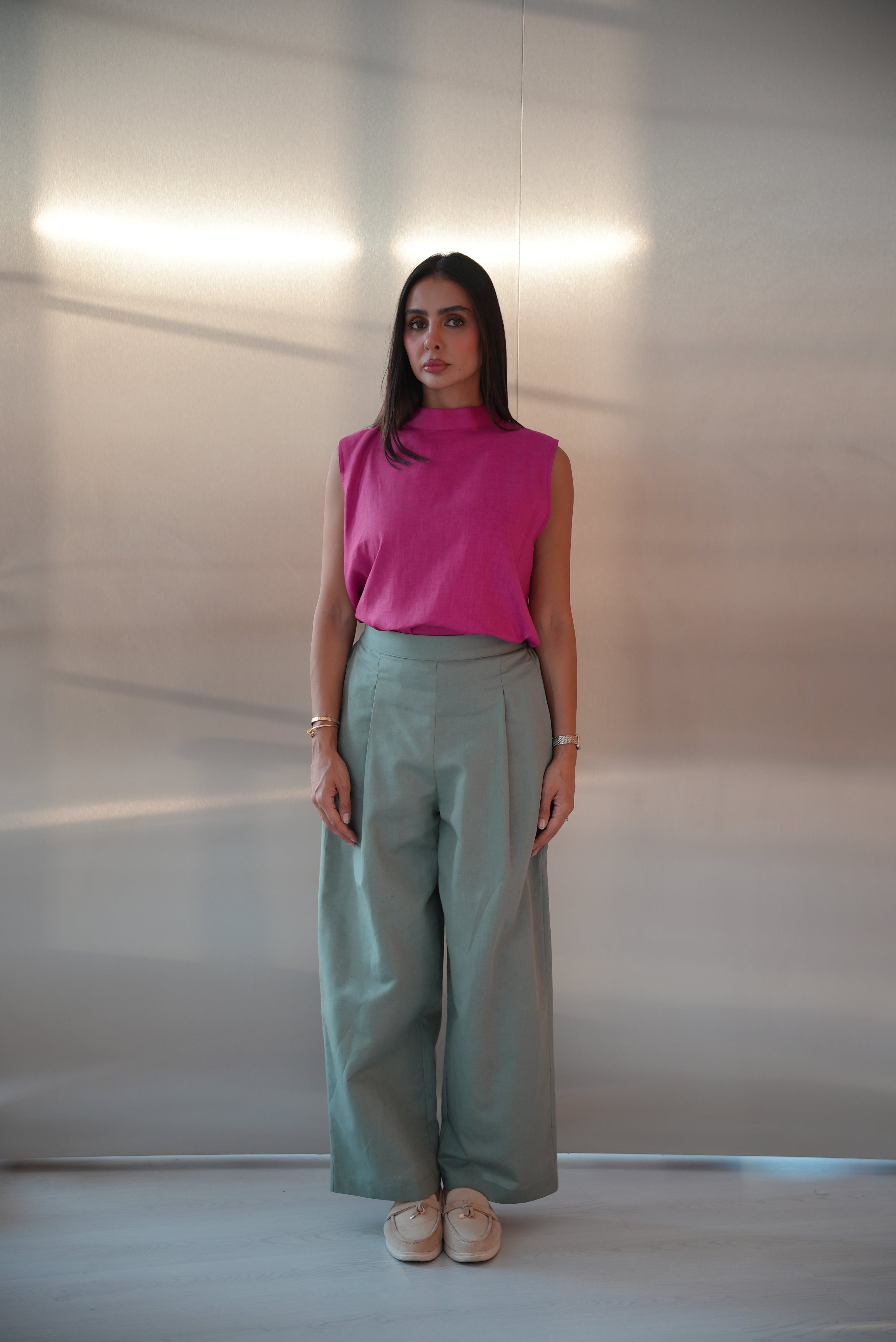 Pink Blouse & Green Linen Pants Set