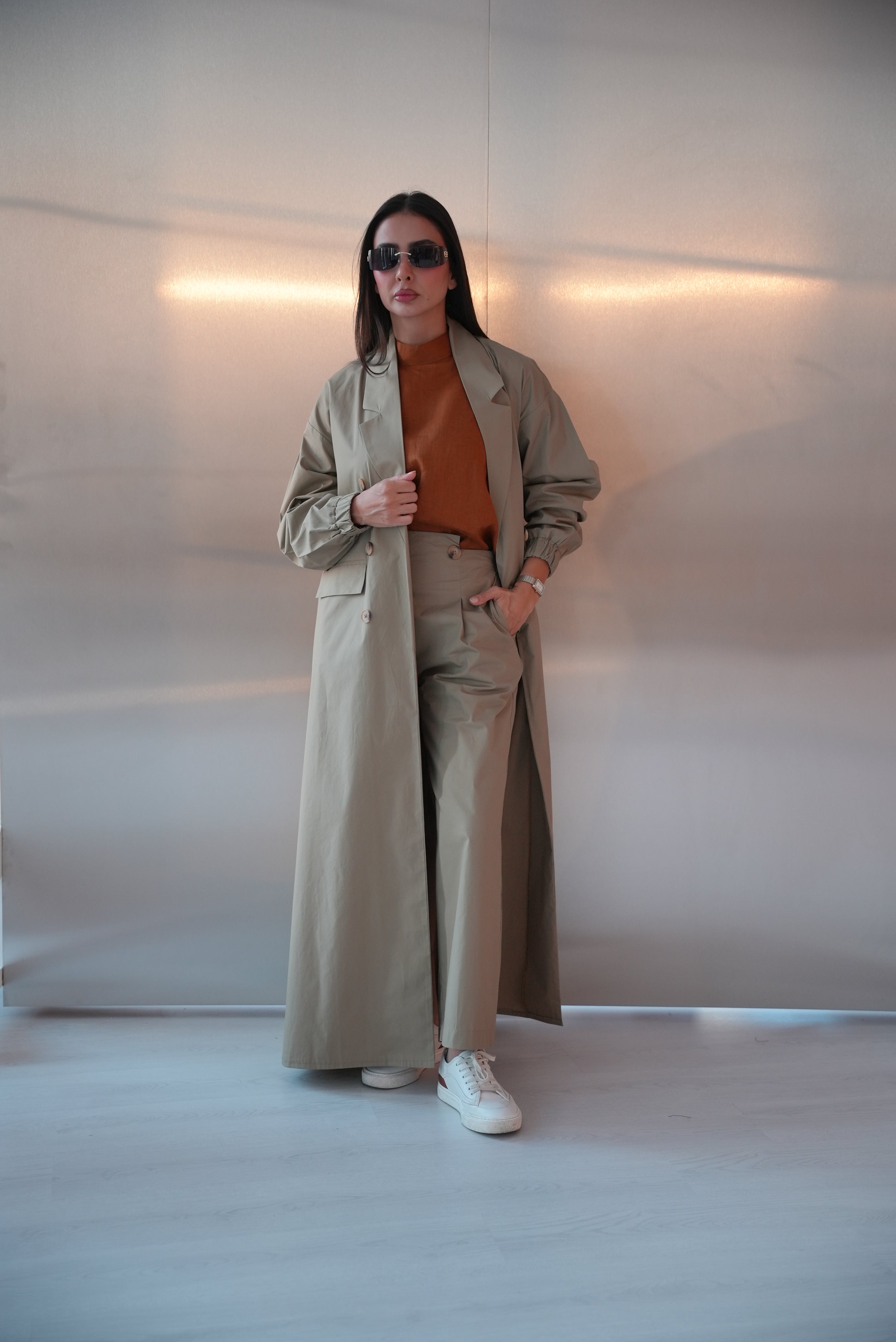 Beige Trench Coat Abaya with inner set (full set )-1962