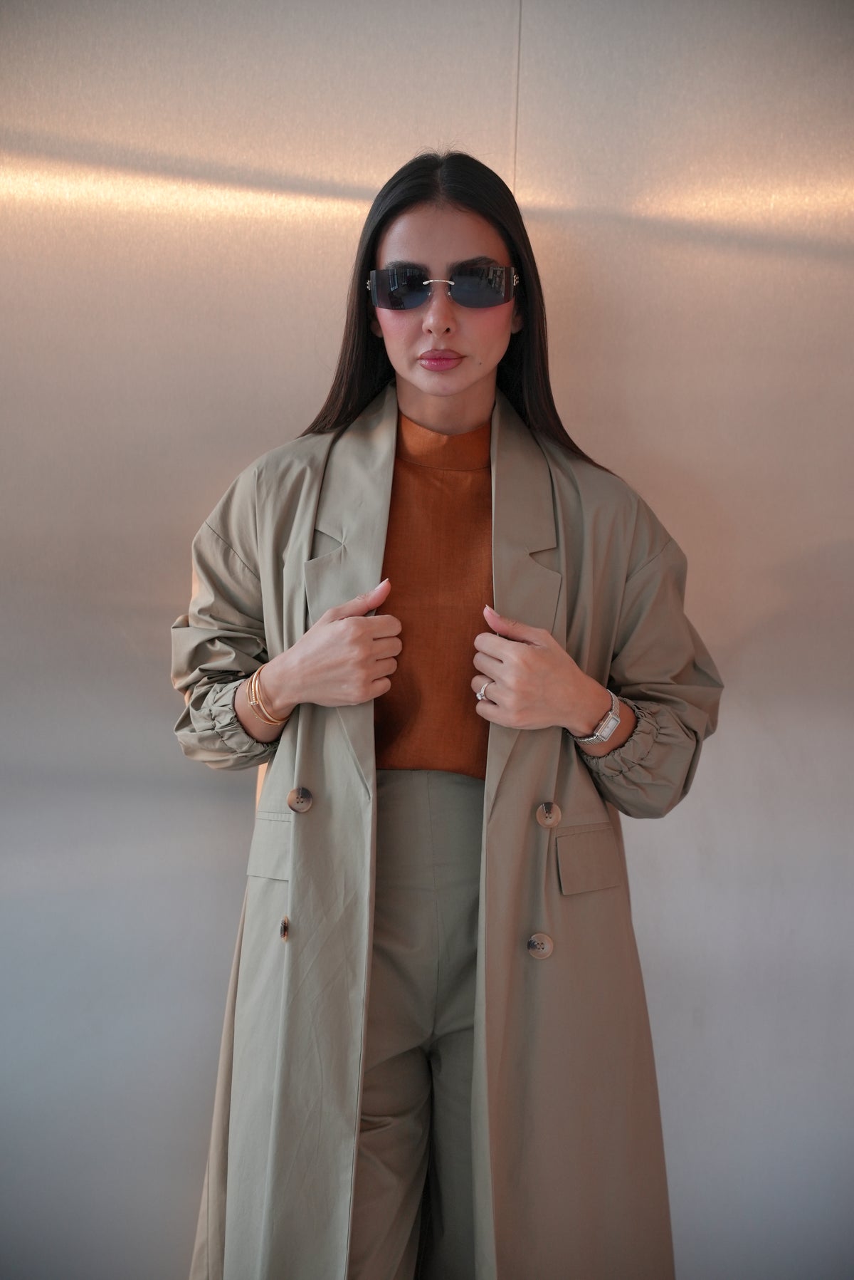 Beige Trench Coat Abaya with inner set (full set )-1962