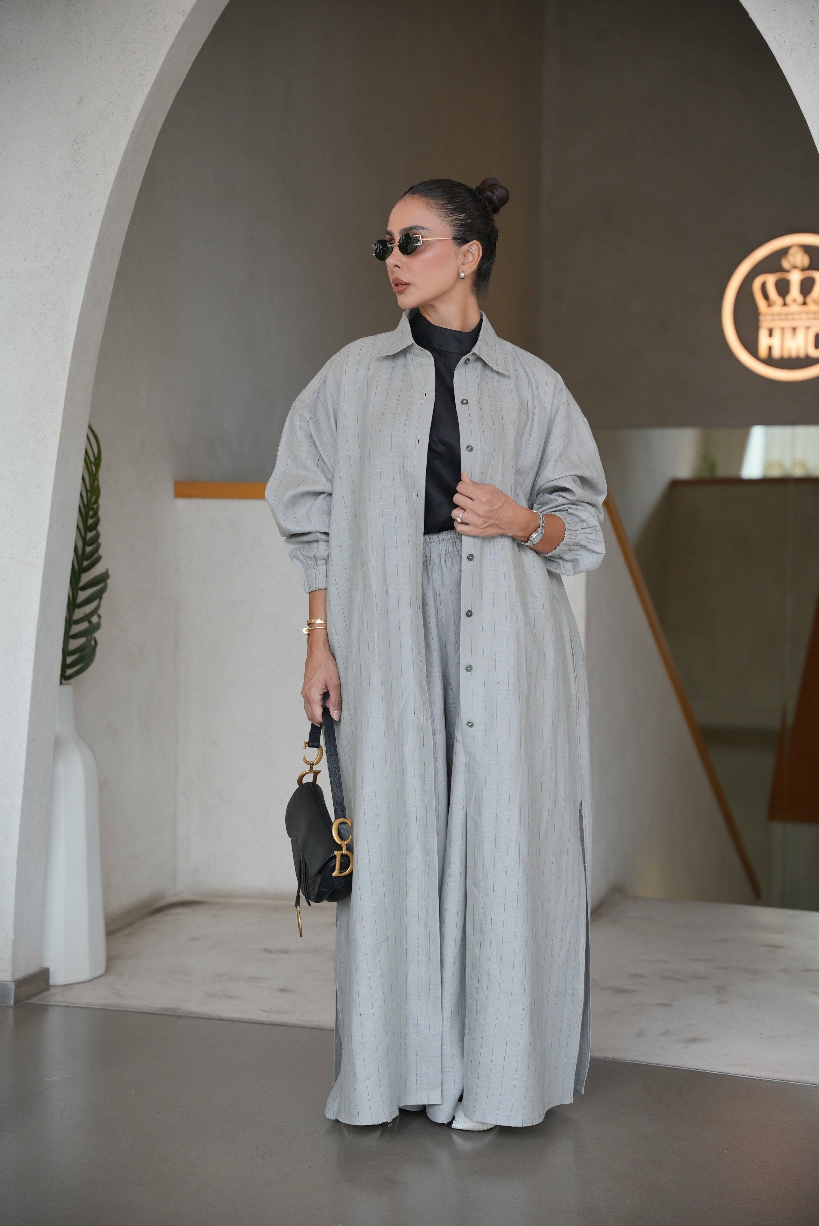 GREY STRIPED LINEN ABAYA( FULL SET)-2002